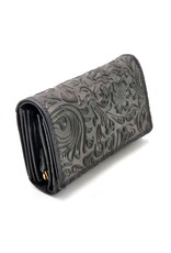 Hunters Leren portemonnees - Hunters Portemonnee met Bloemen Reliëf zwart