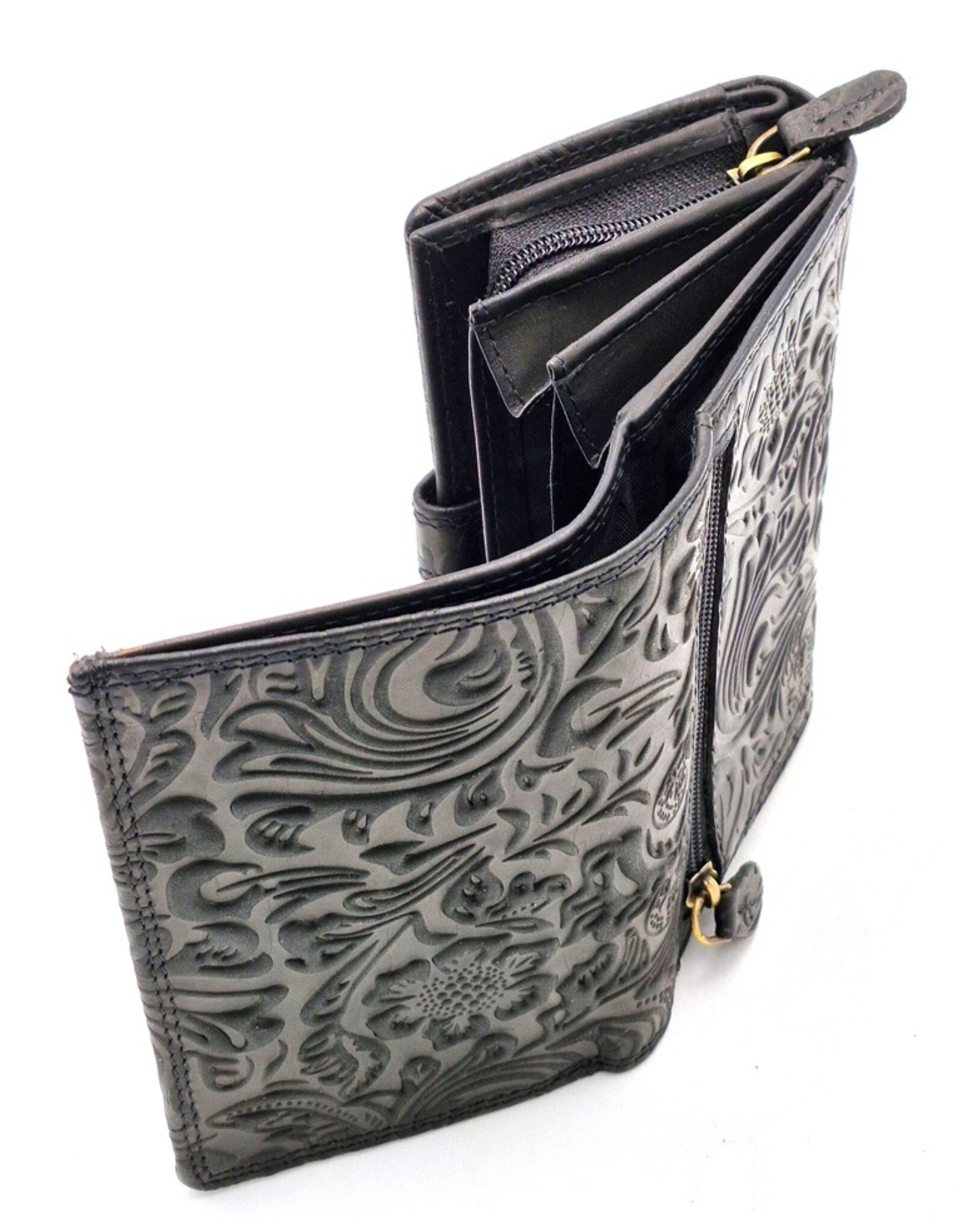 Hunters Leren portemonnees - Hunters Portemonnee met Bloemen Reliëf zwart