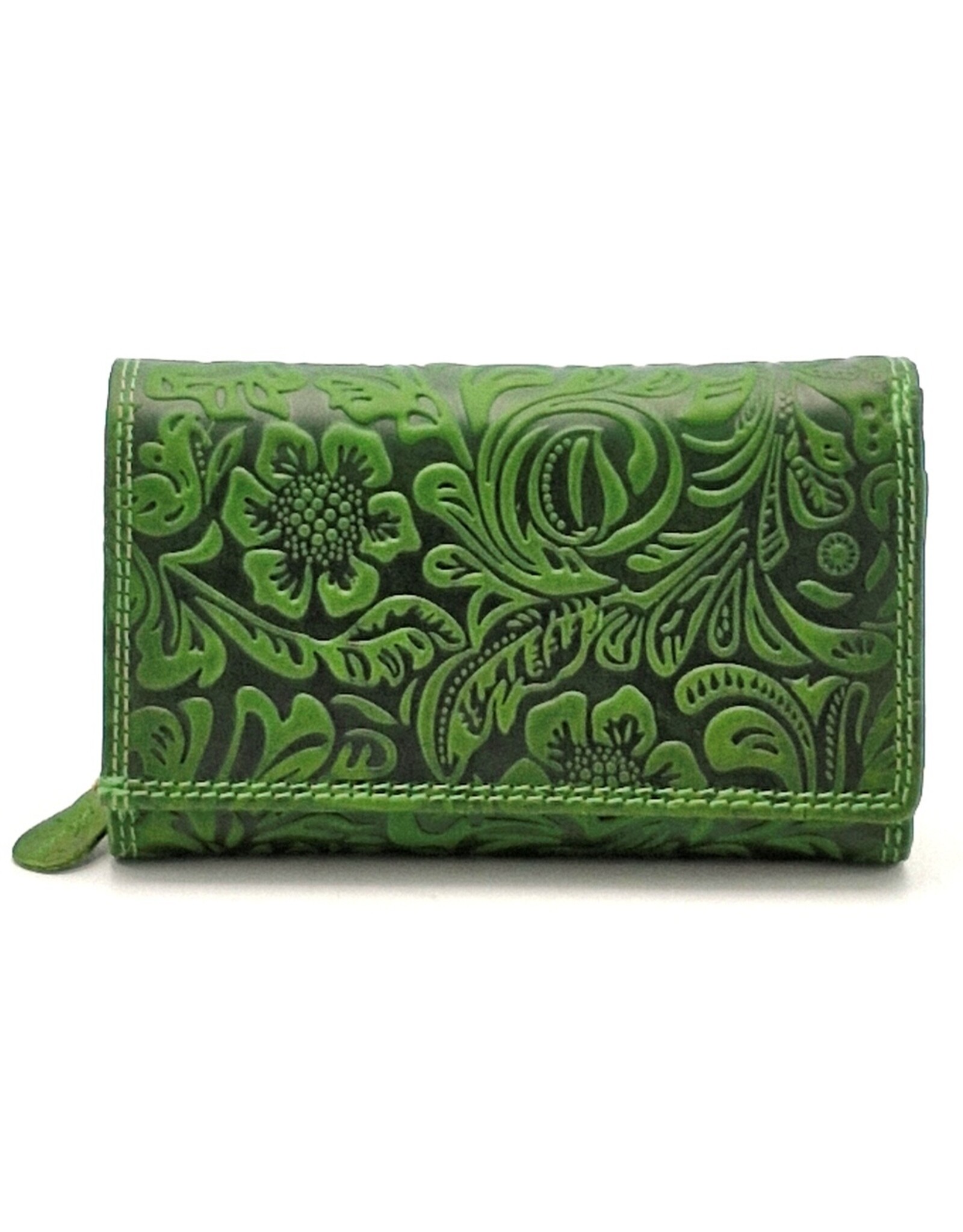 Hunters Leren Portemonnees - Hunters Portemonnee met Bloemen Reliëf groen
