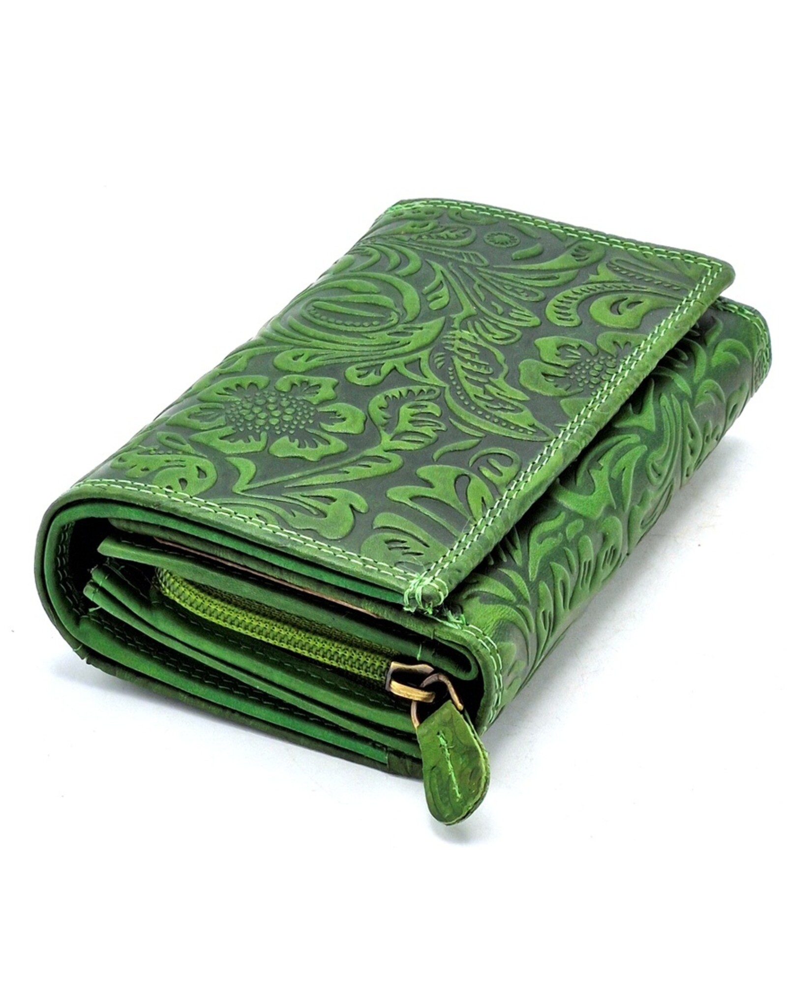 Hunters Leren Portemonnees - Hunters Portemonnee met Bloemen Reliëf groen