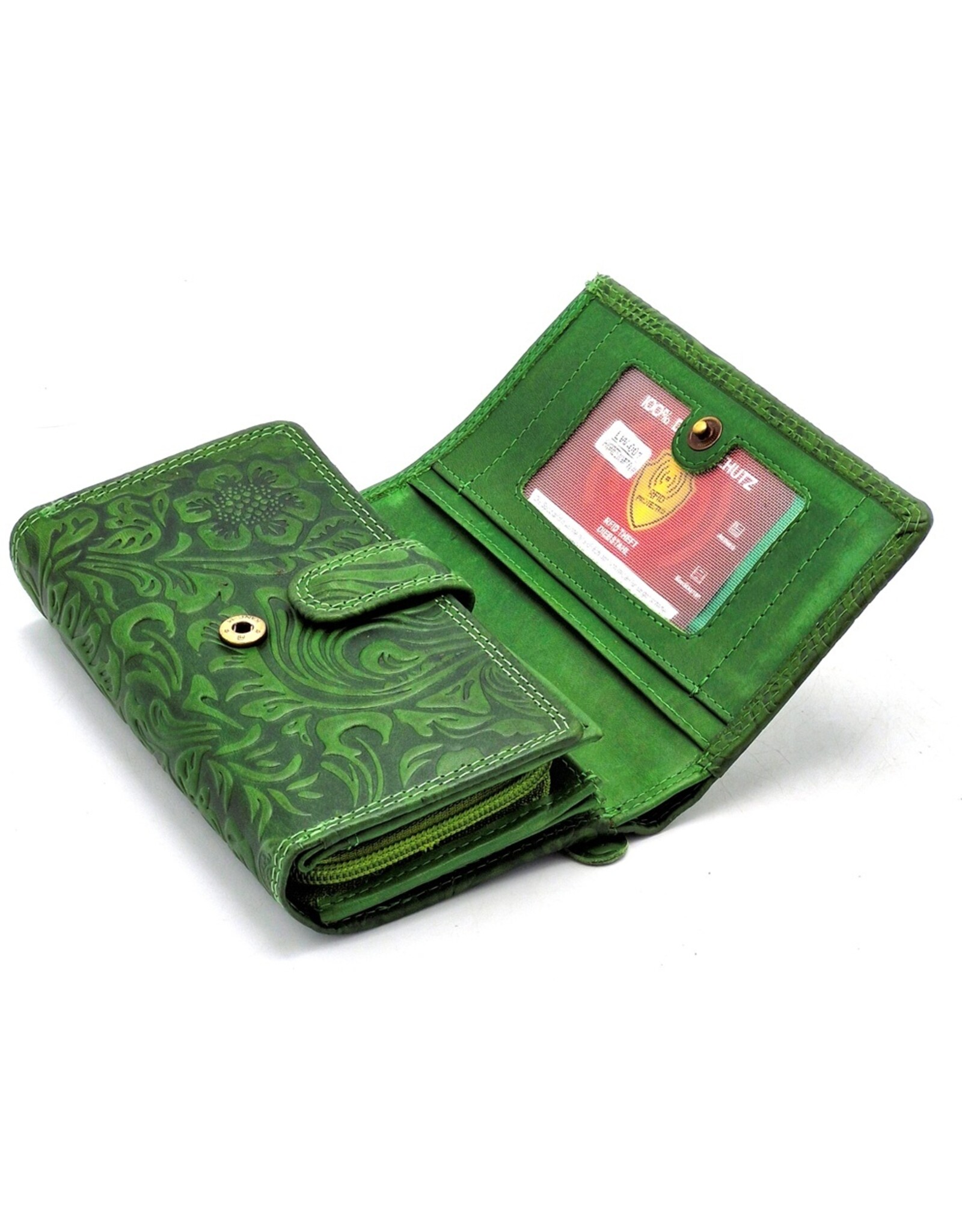 Hunters Leren Portemonnees - Hunters Portemonnee met Bloemen Reliëf groen