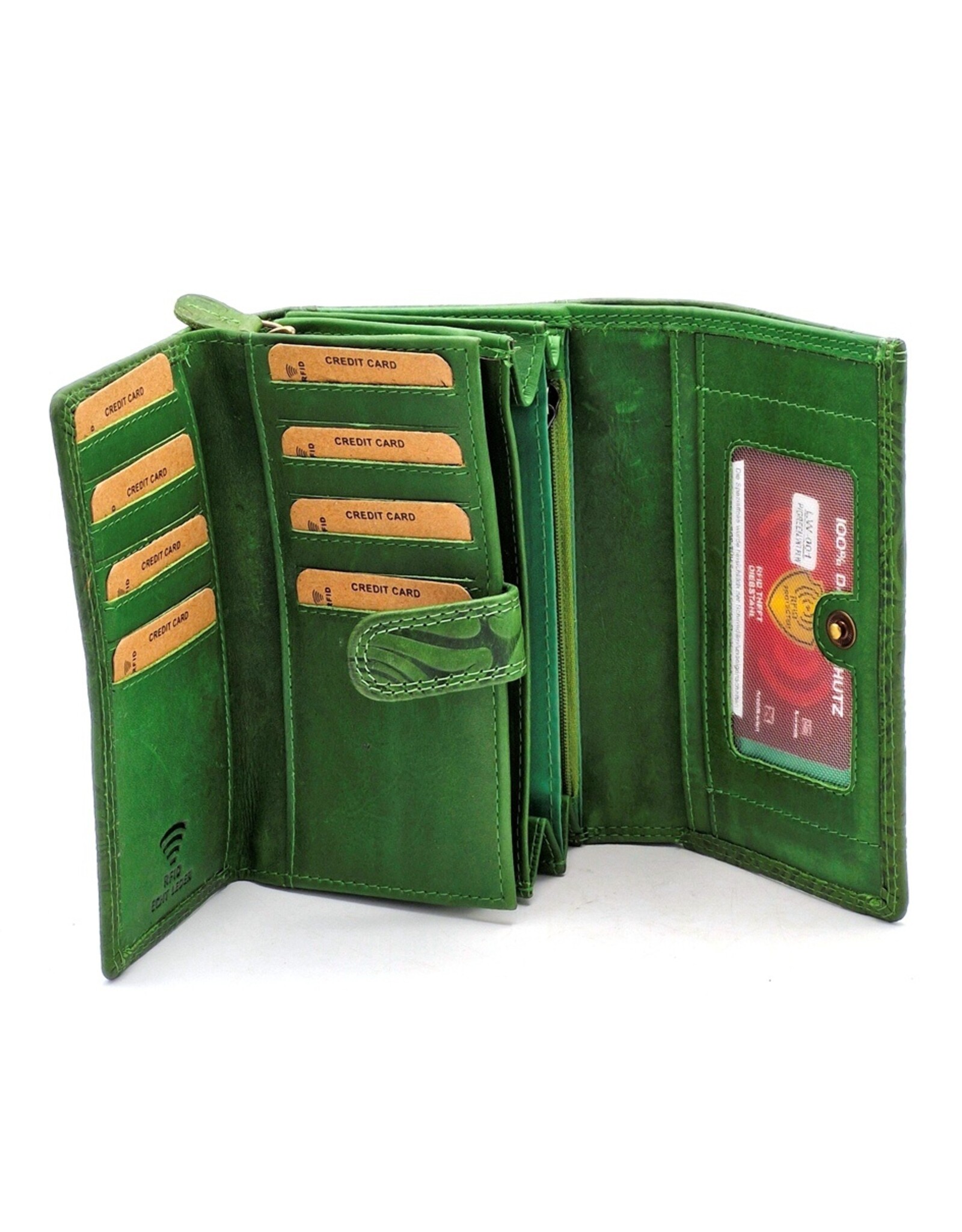 Hunters Leren Portemonnees - Hunters Portemonnee met Bloemen Reliëf groen