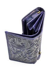 Hunters Leren Portemonnees - Hunters Leren Portemonnee Bloemen reliëf blauw
