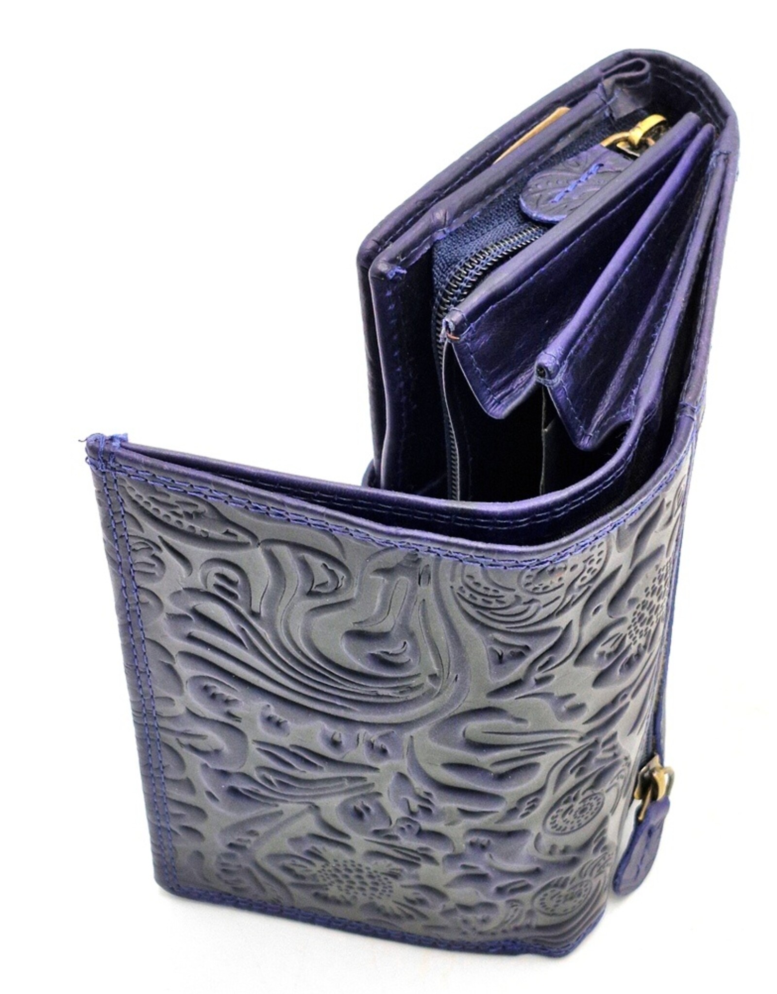 Hunters Leren Portemonnees - Hunters Leren Portemonnee Bloemen reliëf blauw