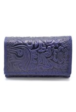 Hunters Leren Portemonnees - Hunters Leren Portemonnee Bloemen reliëf blauw