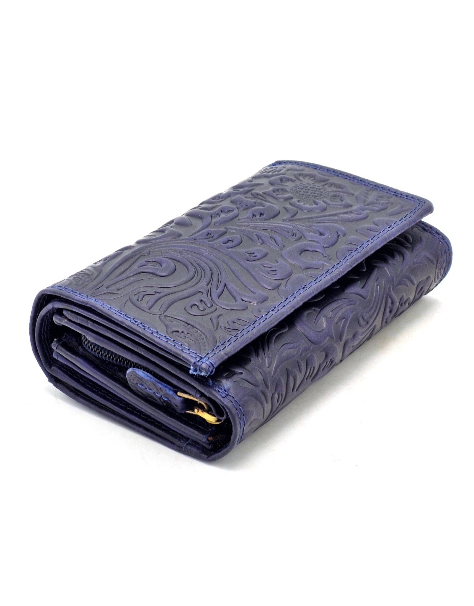Hunters Leather Wallets - Hunters Leather Wallet Embossed Flowers blue