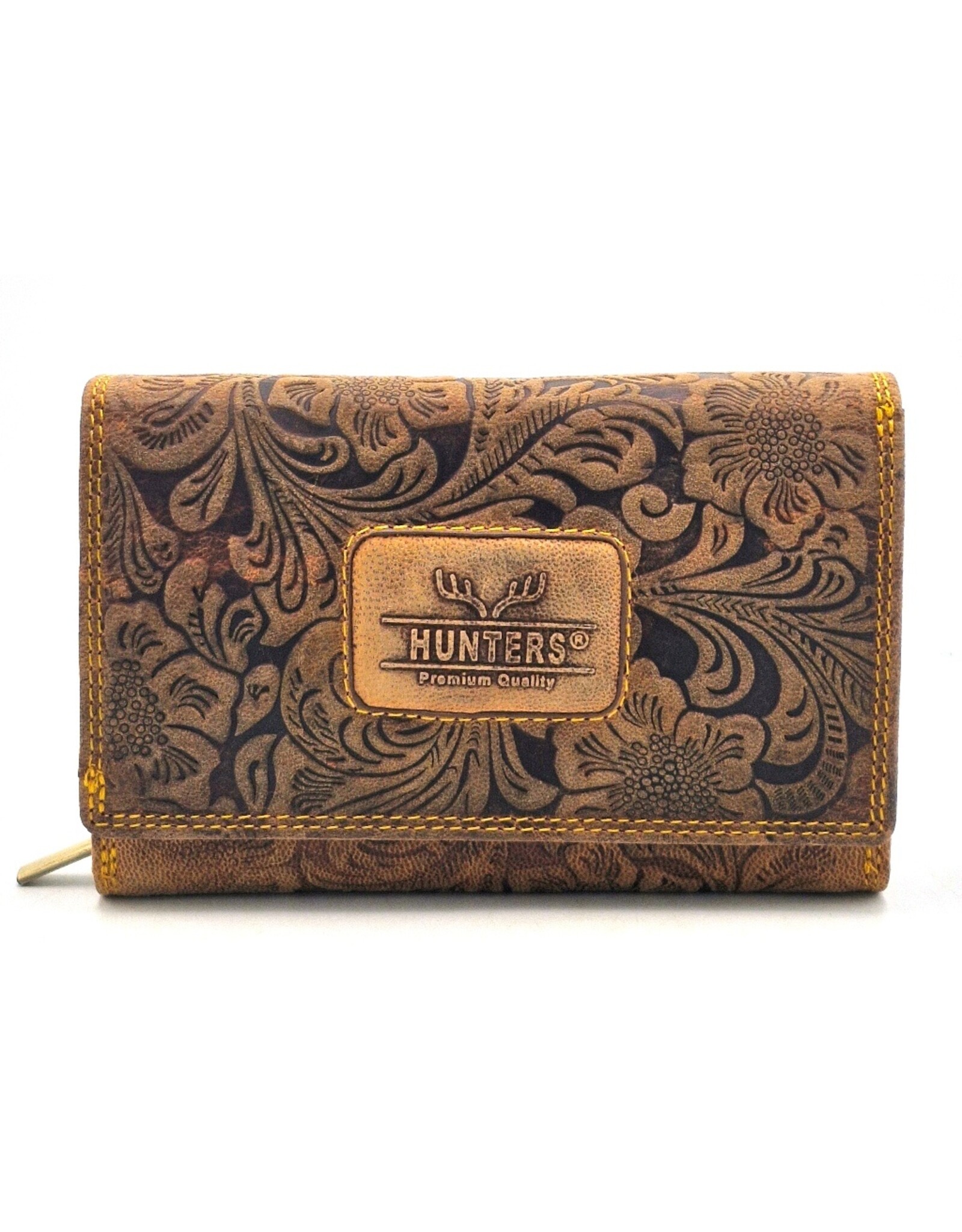 Hunters Leren Portemonnees - Hunters Portemonnee Bloemen Reliëf D.Tan medium