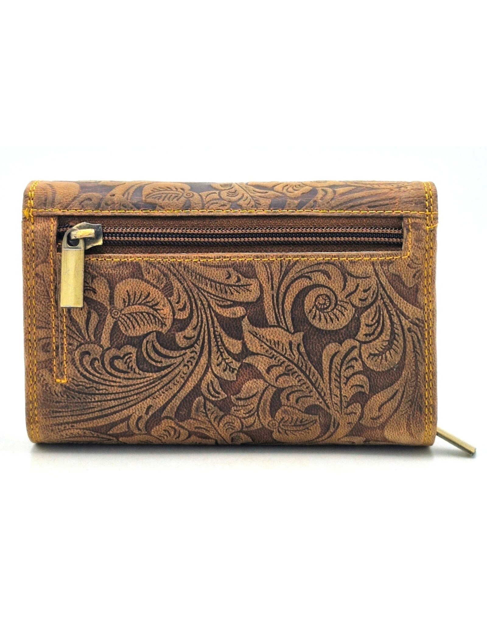 Hunters Leren Portemonnees - Hunters Portemonnee Bloemen Reliëf D.Tan medium
