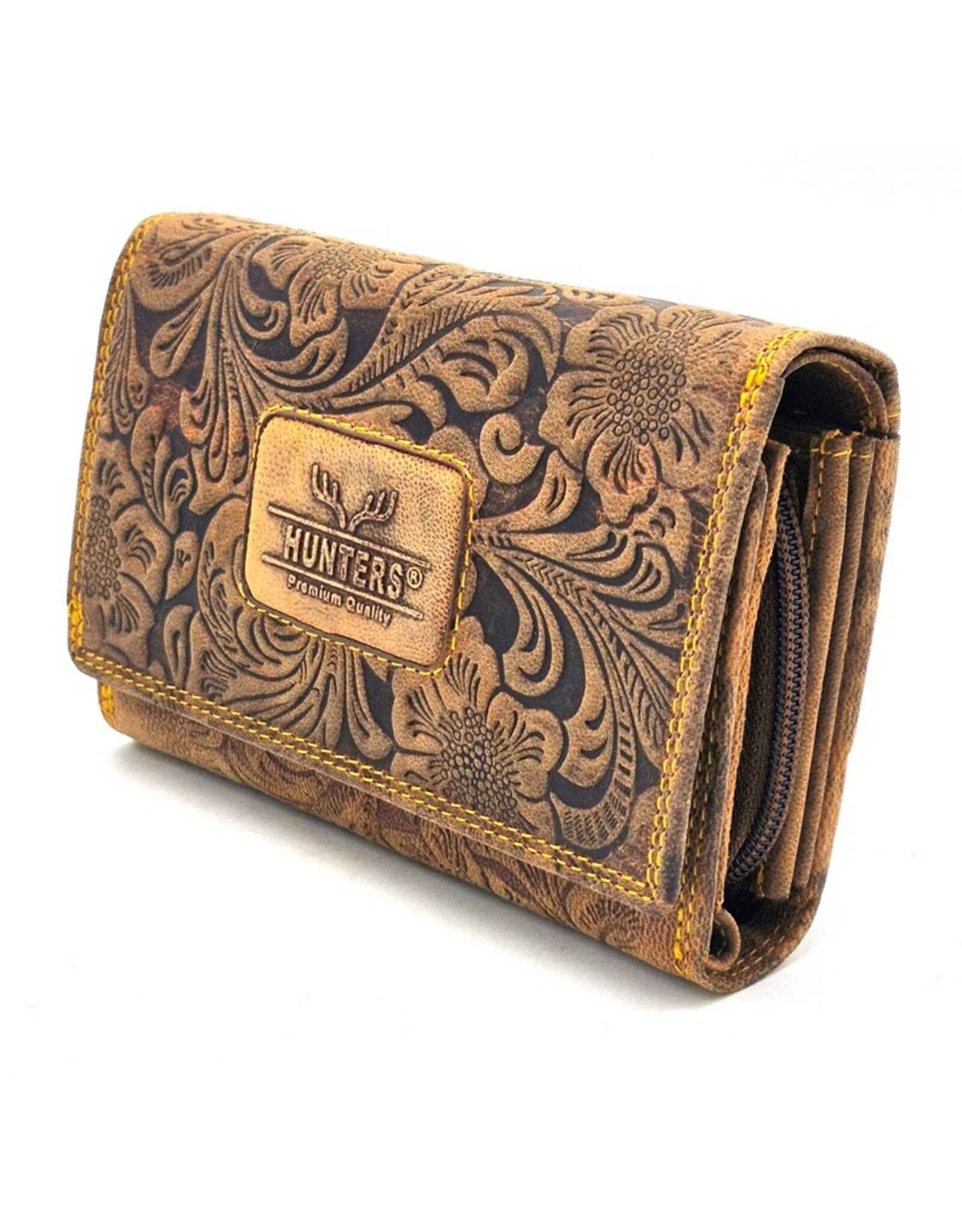 Hunters Leather Wallets - Hunters Wallet Embossed Flowers D.Tan medium