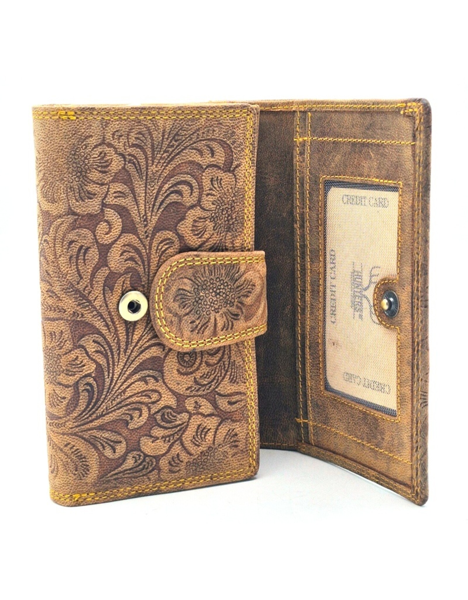 Hunters Leren Portemonnees - Hunters Portemonnee Bloemen Reliëf D.Tan medium