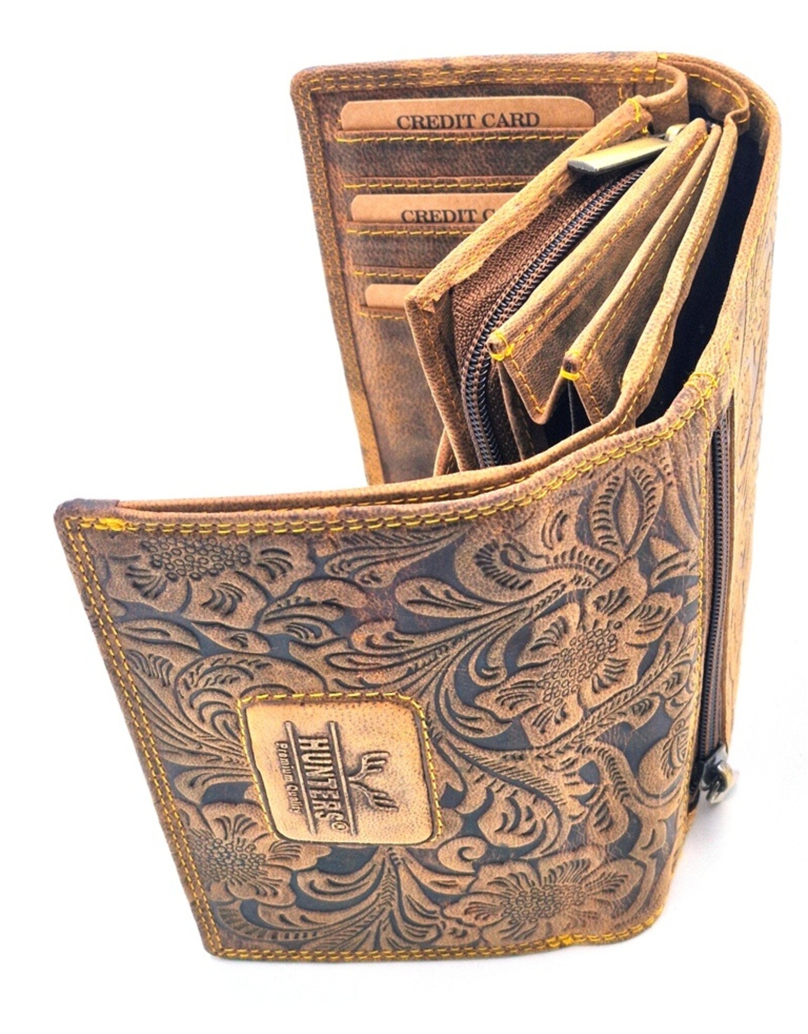 Hunters Leather Wallets - Hunters Wallet Embossed Flowers D.Tan medium