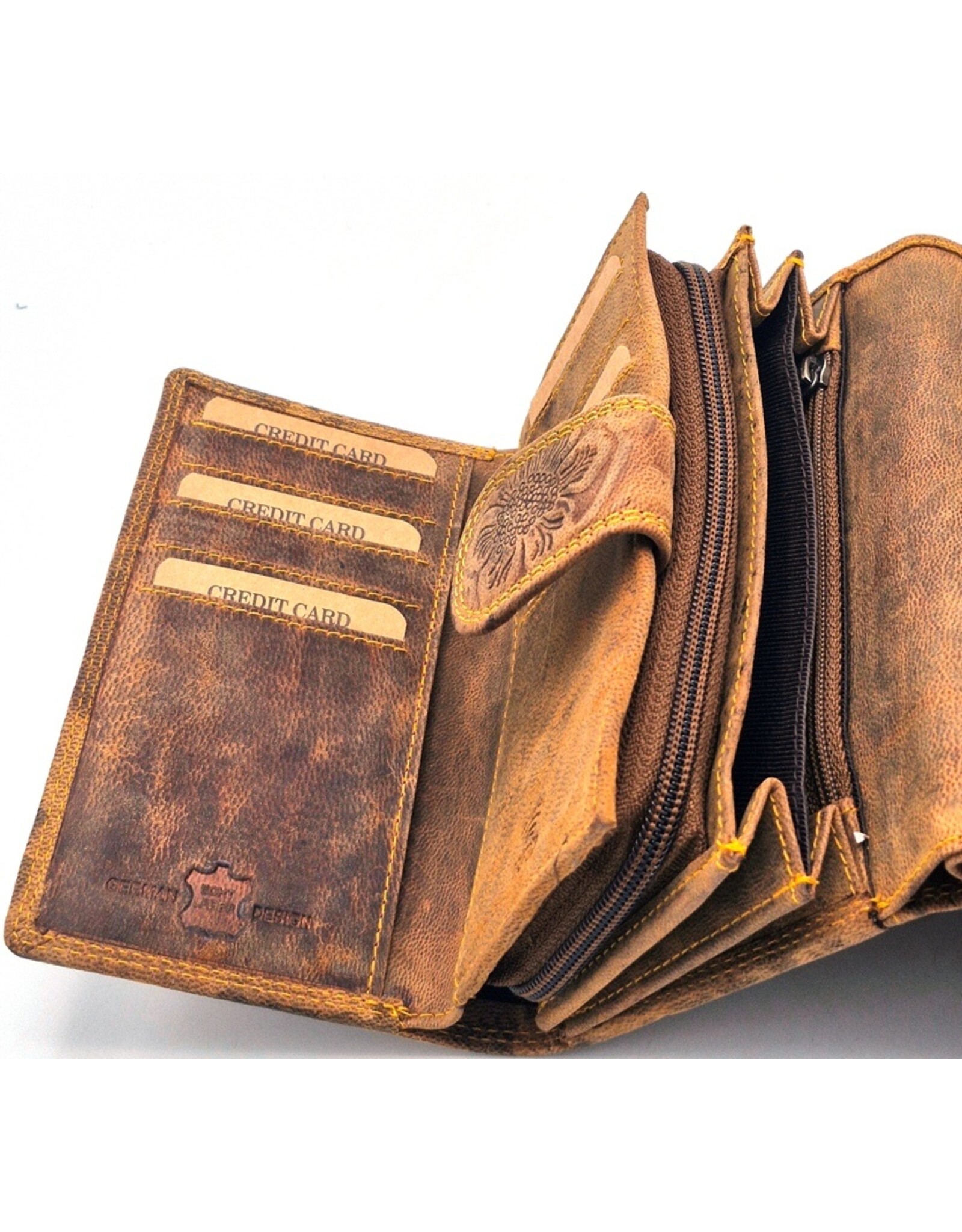 Hunters Leren Portemonnees - Hunters Portemonnee Bloemen Reliëf D.Tan medium