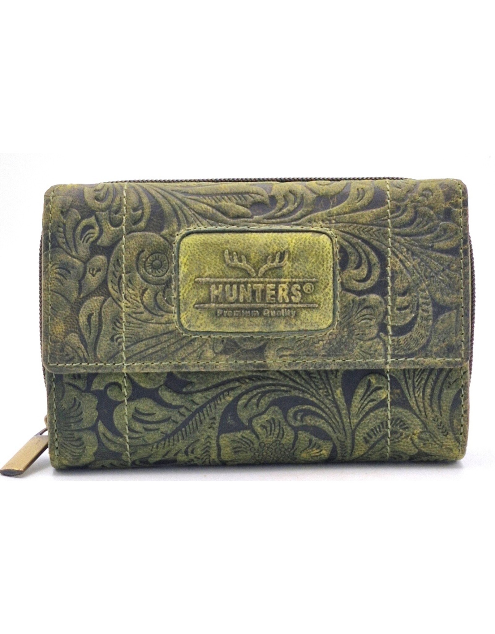 Hunters Leren Portemonnees - Hunters Portemonnee Bloemen Reliëf groen medium