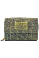 Hunters Leren Portemonnees - Hunters Portemonnee Bloemen Reliëf groen medium
