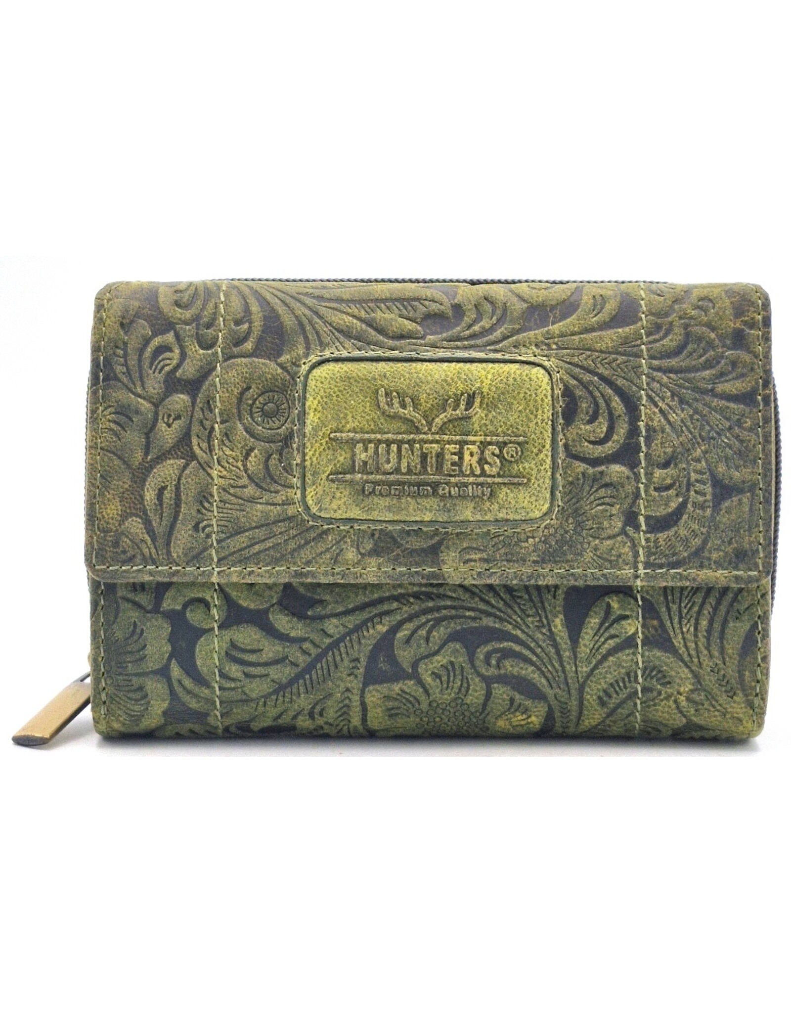 Hunters Leren Portemonnees - Hunters Portemonnee Bloemen Reliëf groen medium