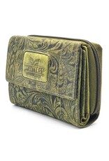 Hunters Leren Portemonnees - Hunters Portemonnee Bloemen Reliëf groen medium