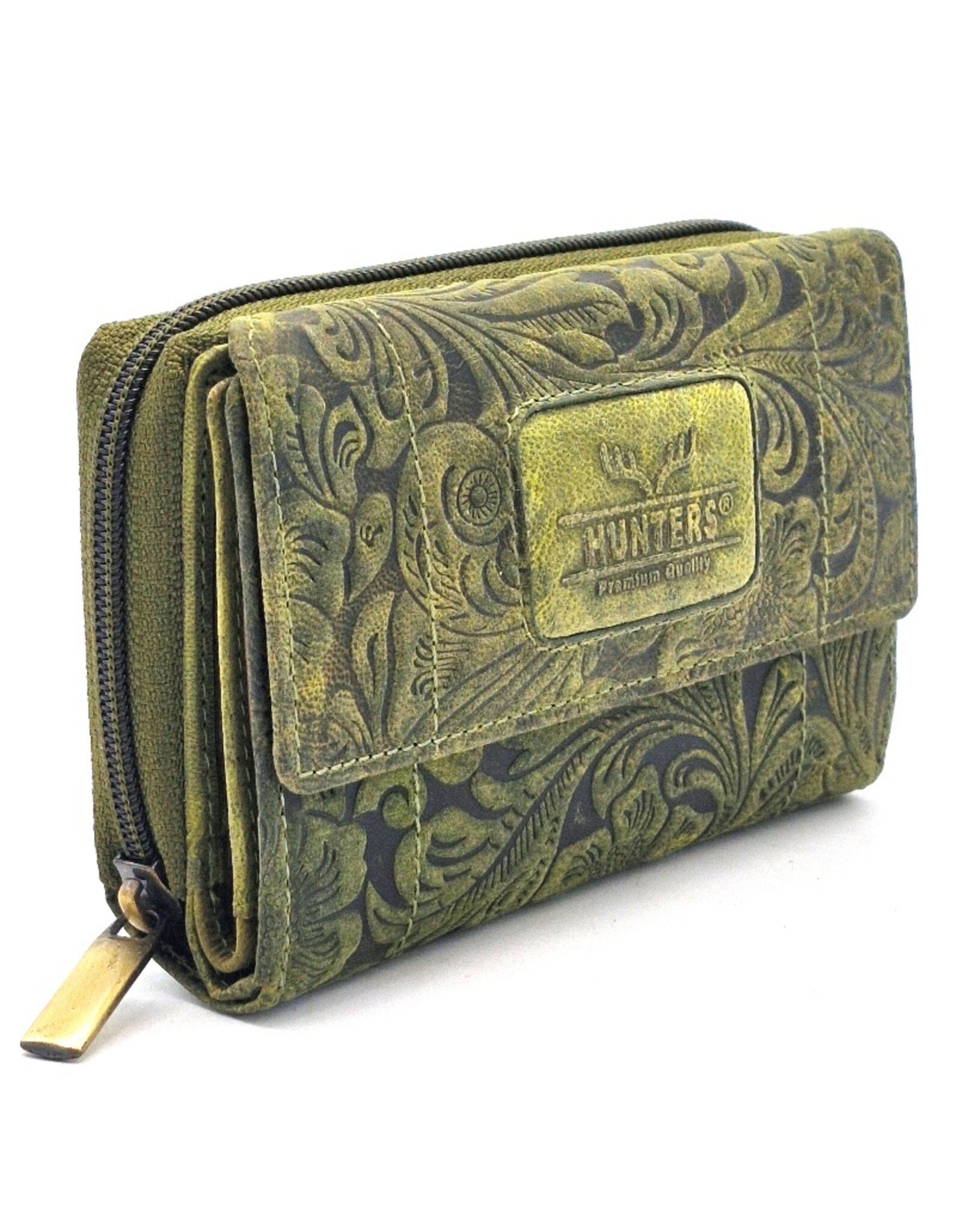 Hunters Leather Wallets - Hunters Wallet Embossed Flowers  green medium