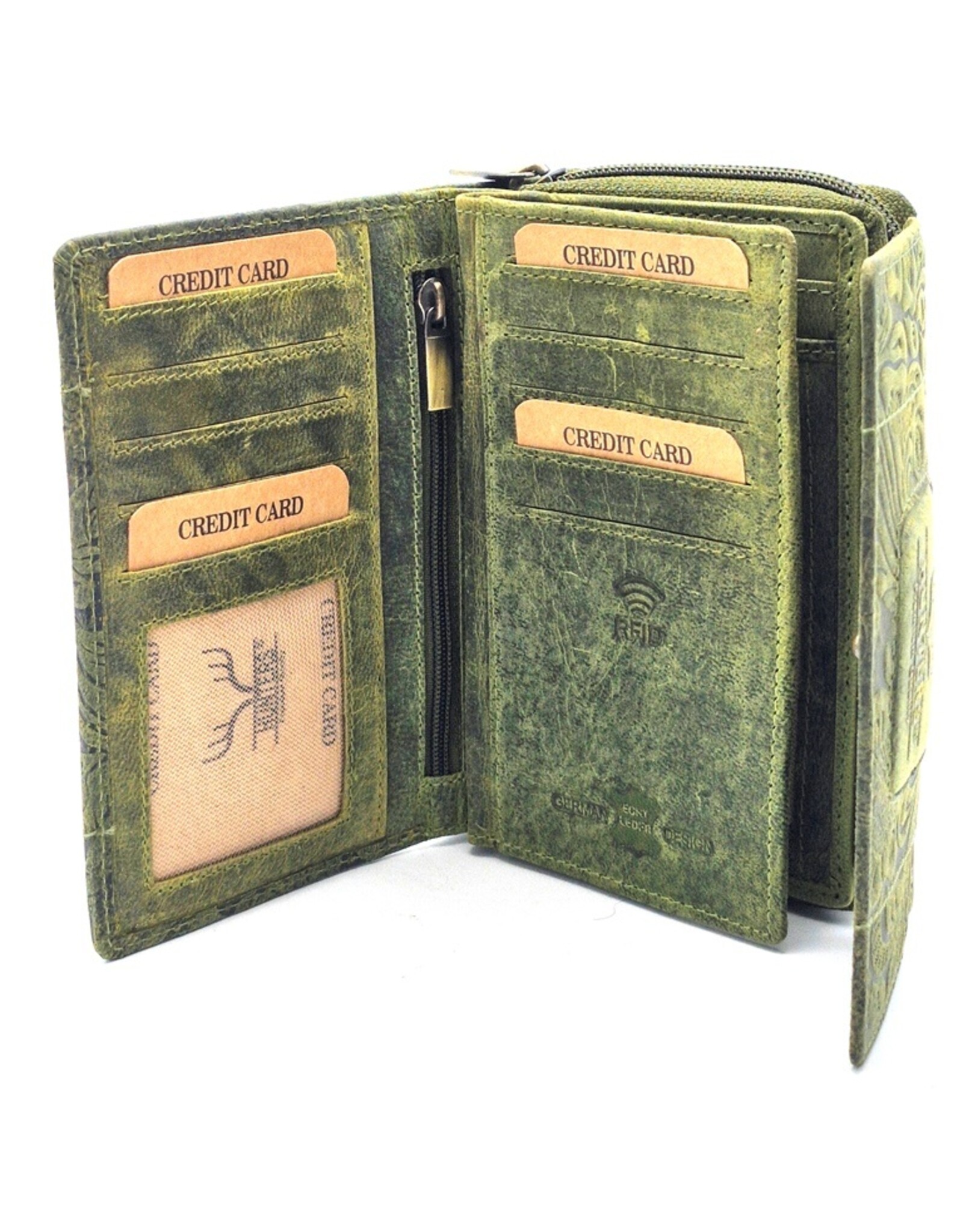 Hunters Leather Wallets - Hunters Wallet Embossed Flowers  green medium