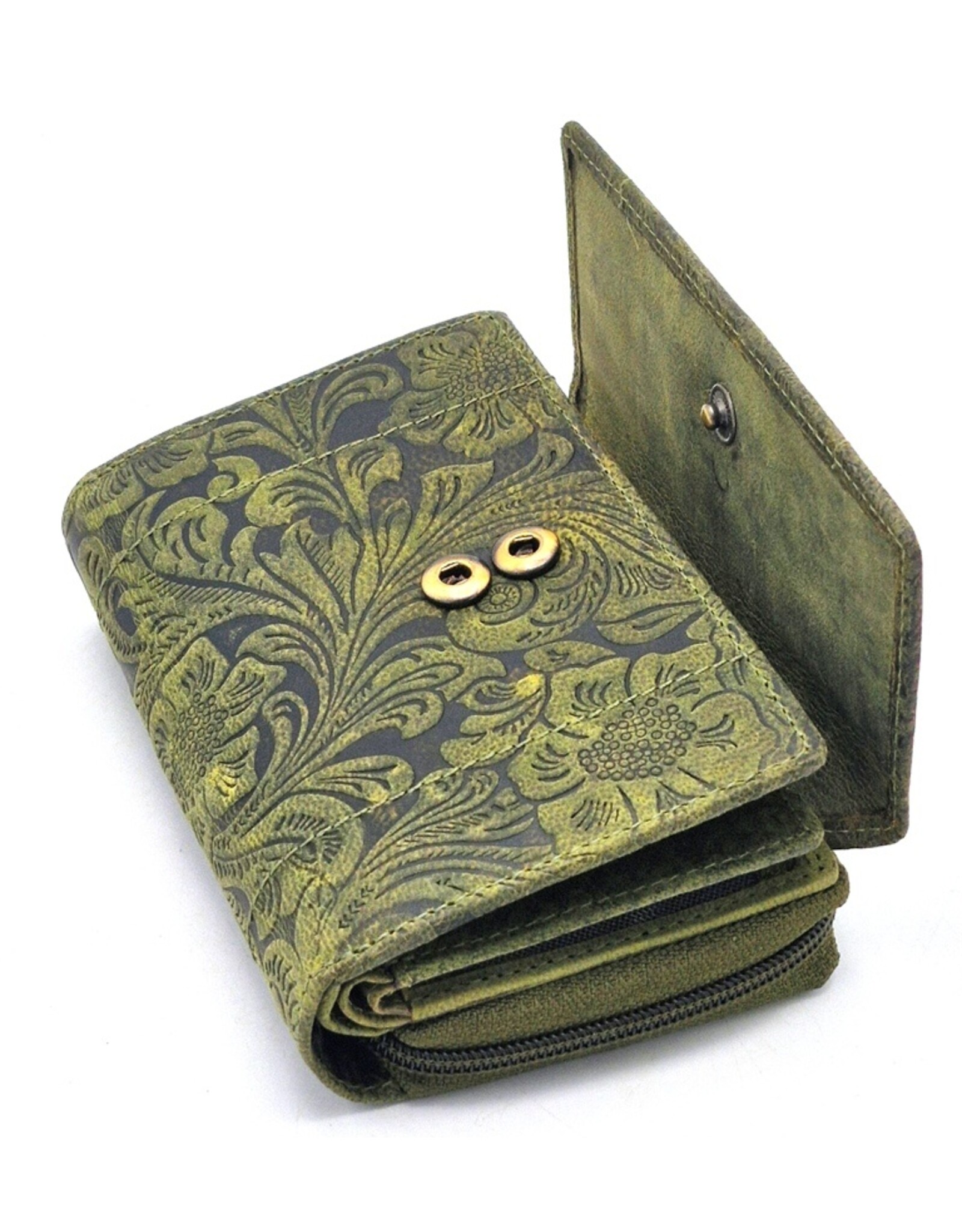 Hunters Leren Portemonnees - Hunters Portemonnee Bloemen Reliëf groen medium