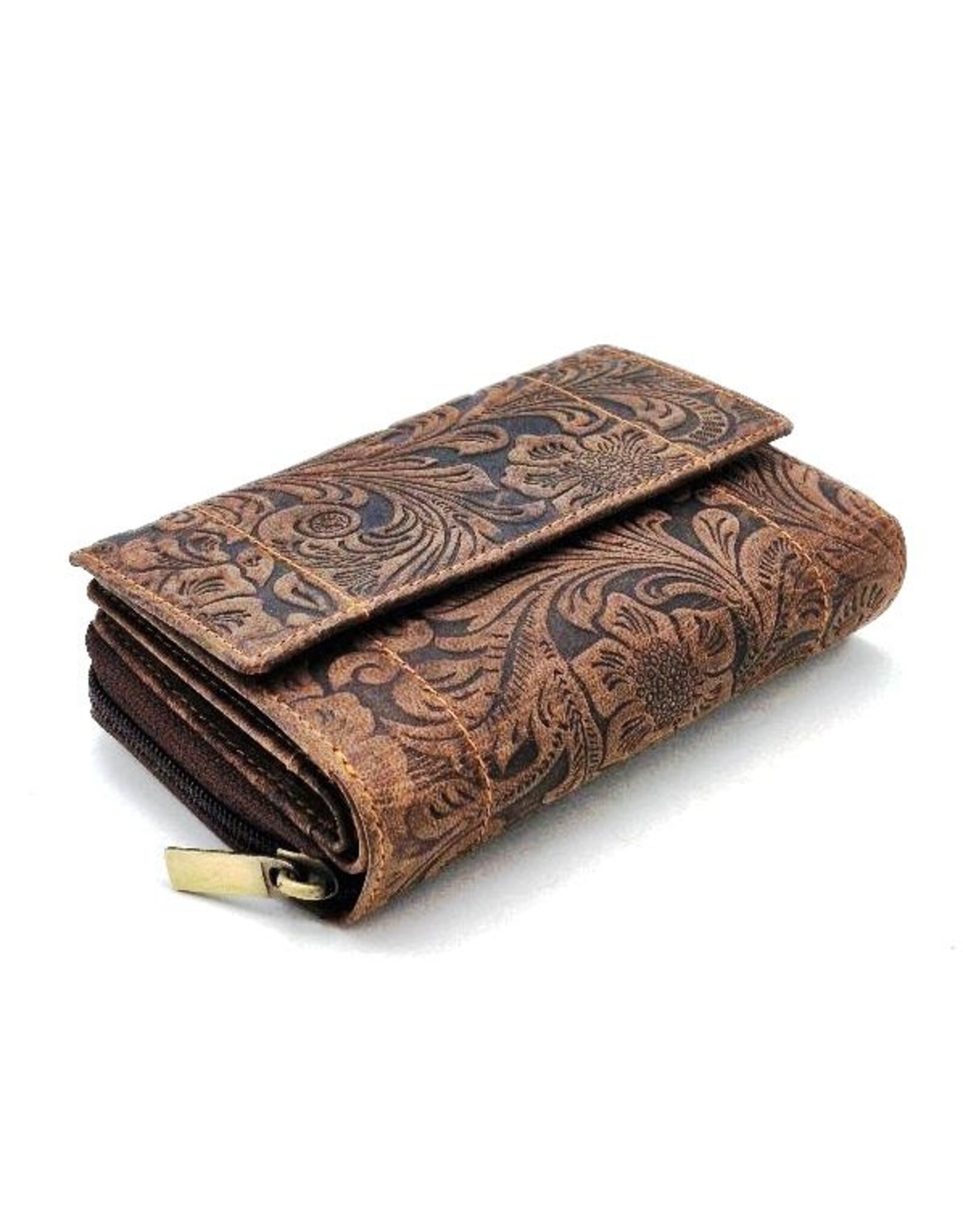 Hunters Leather Wallets - Hunters Wallet Embossed Flowers D.Brown