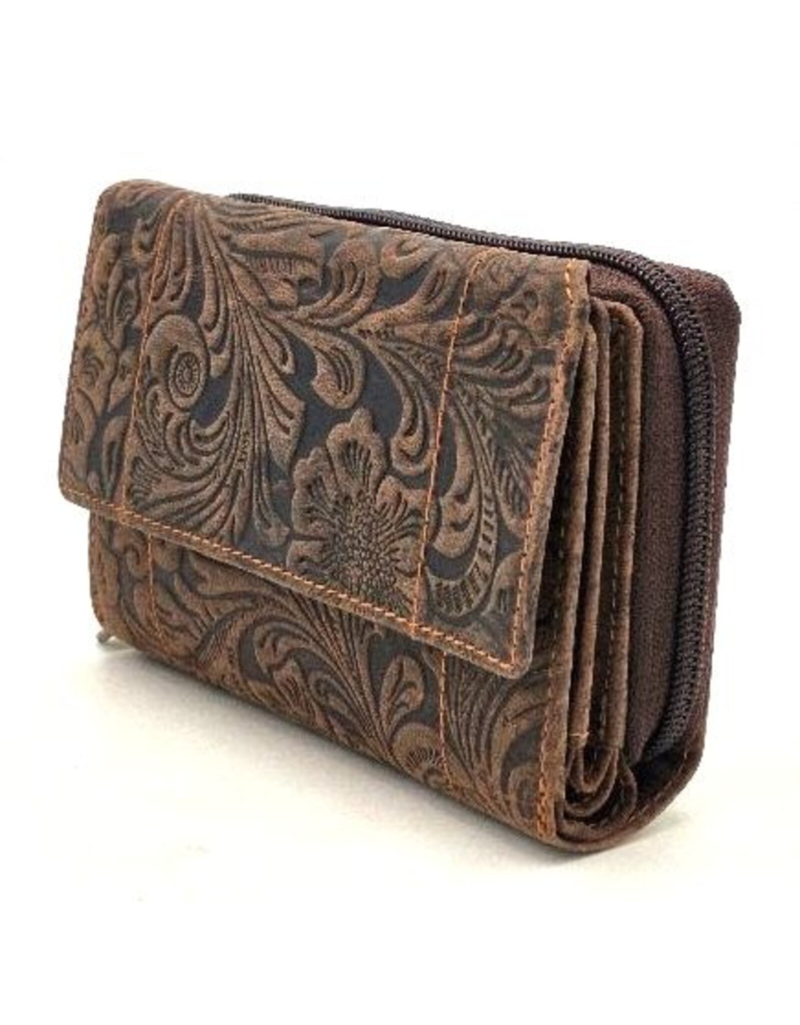 Hunters Leather Wallets - Hunters Wallet Embossed Flowers D.Brown