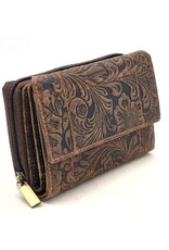 Hunters Leather Wallets - Hunters Wallet Embossed Flowers D.Brown