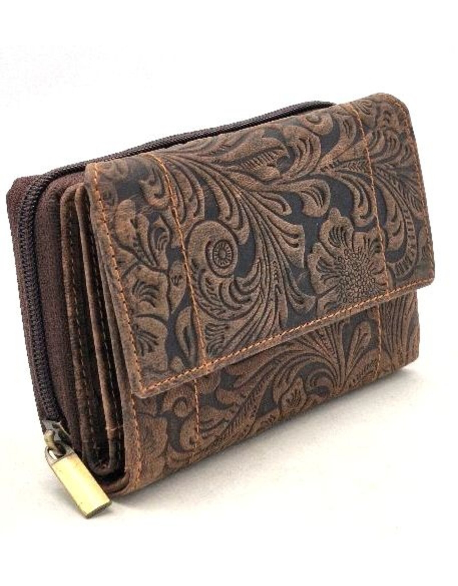 Hunters Leather Wallets - Hunters Wallet Embossed Flowers D.Brown