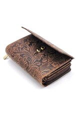 Hunters Leren Portemonnees - Hunters Portemonnee Bloemen Reliëf D.Bruin