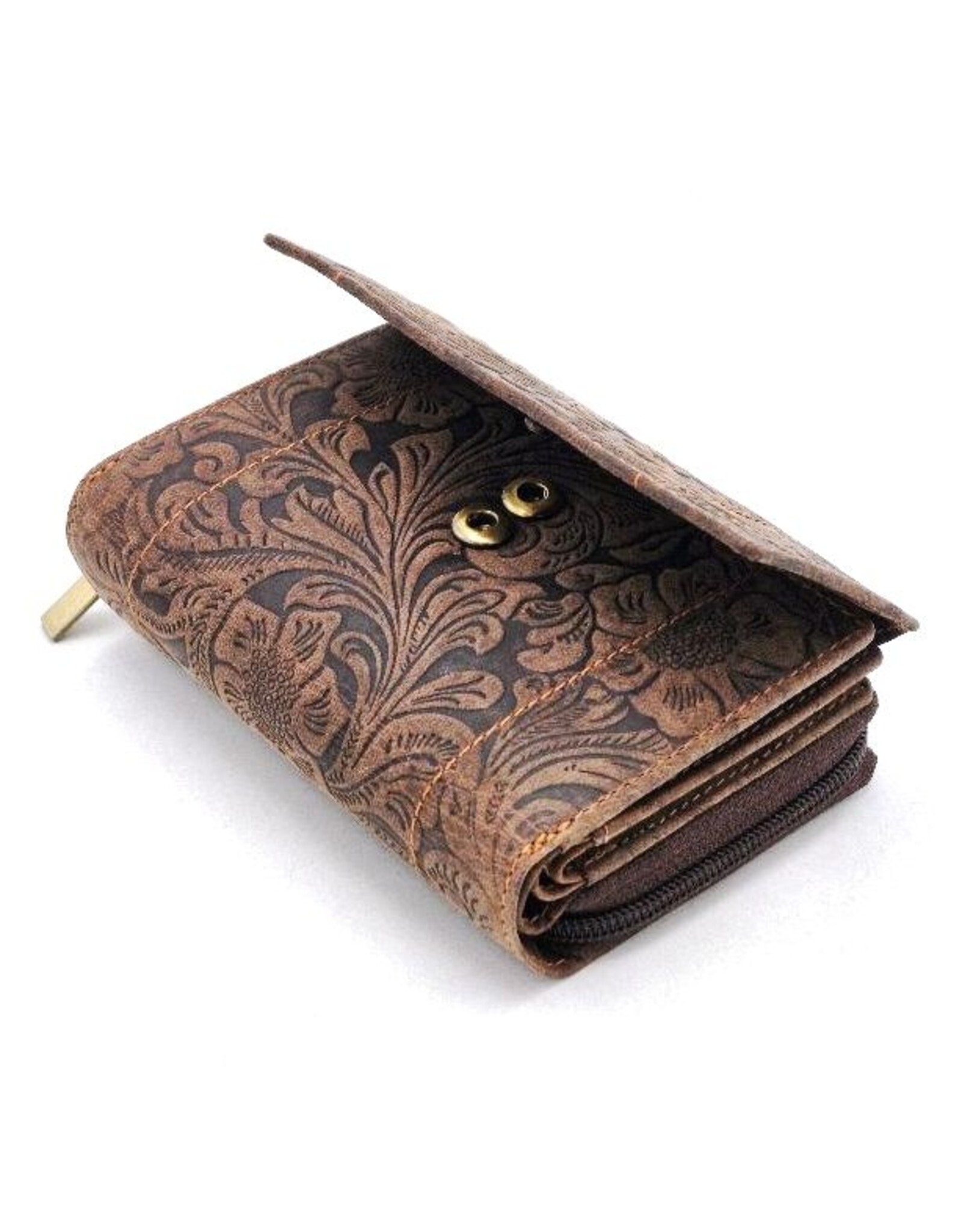 Hunters Leather Wallets - Hunters Wallet Embossed Flowers D.Brown