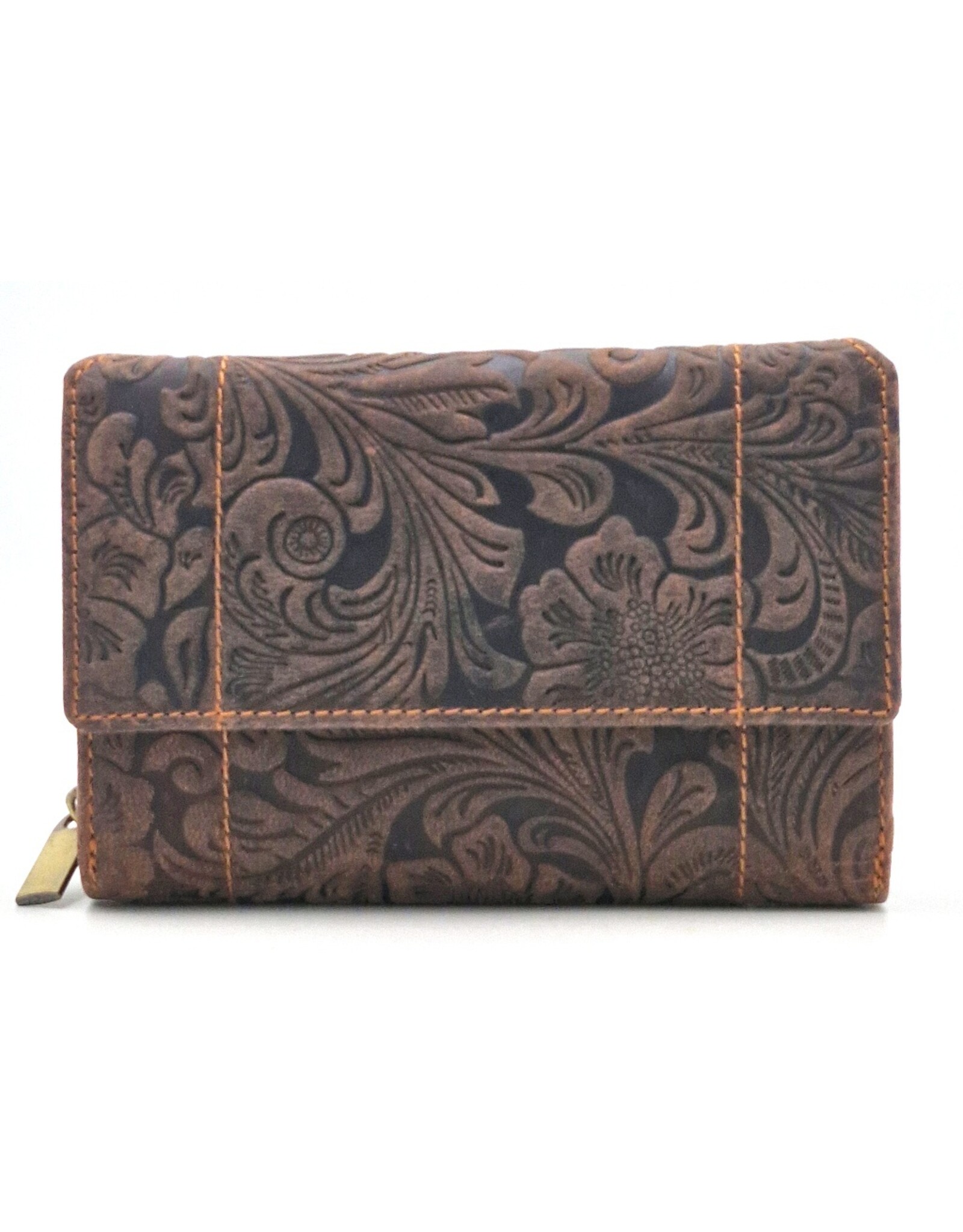Hunters Leather Wallets - Hunters Wallet Embossed Flowers D.Brown