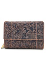 Hunters Leren Portemonnees - Hunters Portemonnee Bloemen Reliëf D.Bruin
