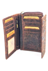 Hunters Leren Portemonnees - Hunters Portemonnee Bloemen Reliëf D.Bruin