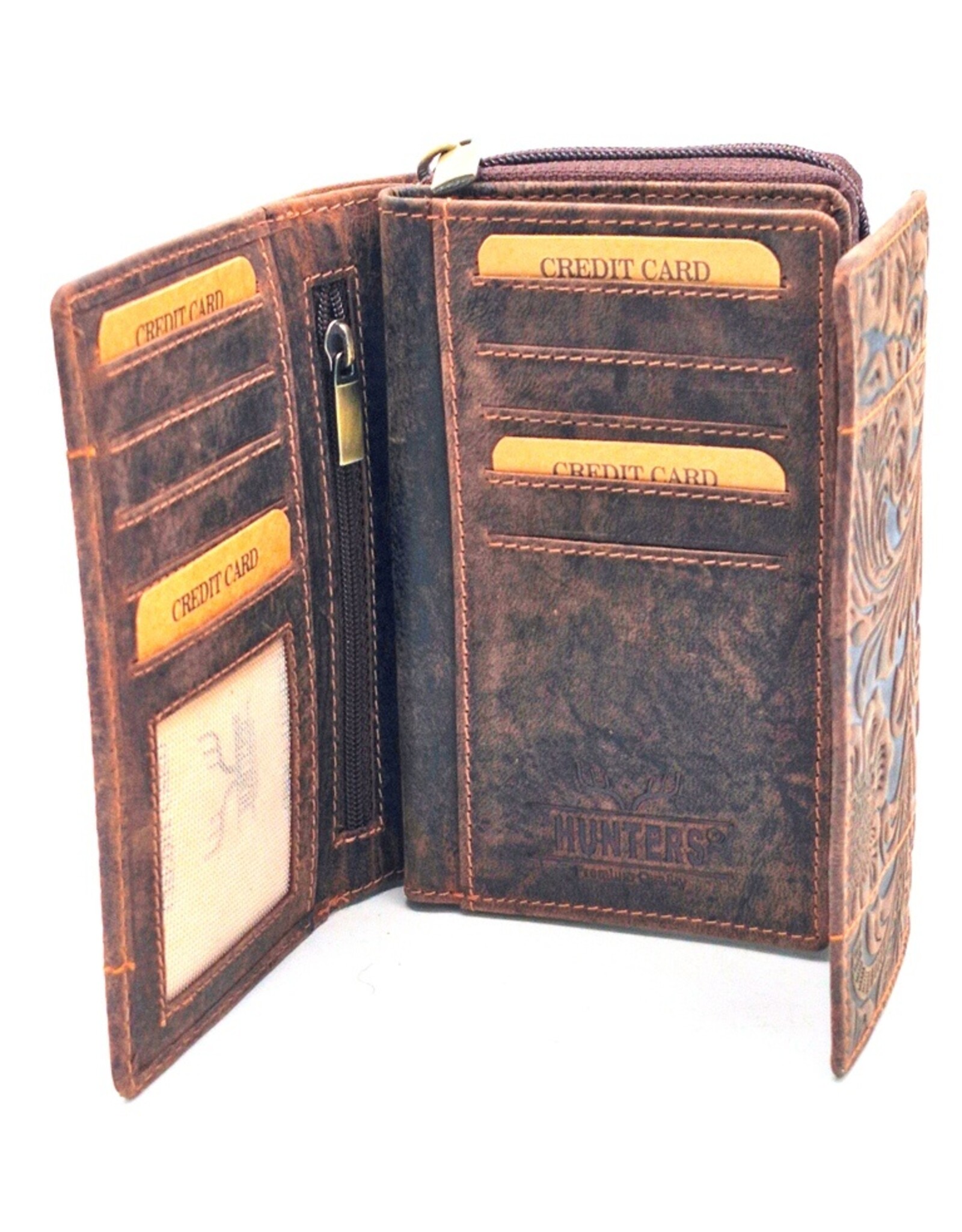 Hunters Leather Wallets - Hunters Wallet Embossed Flowers D.Brown