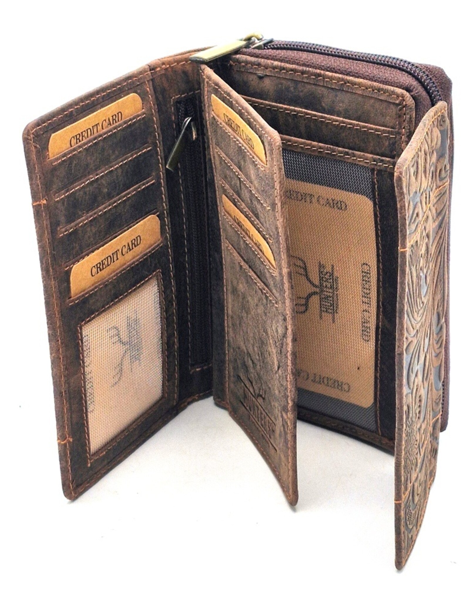 Hunters Leather Wallets - Hunters Wallet Embossed Flowers D.Brown