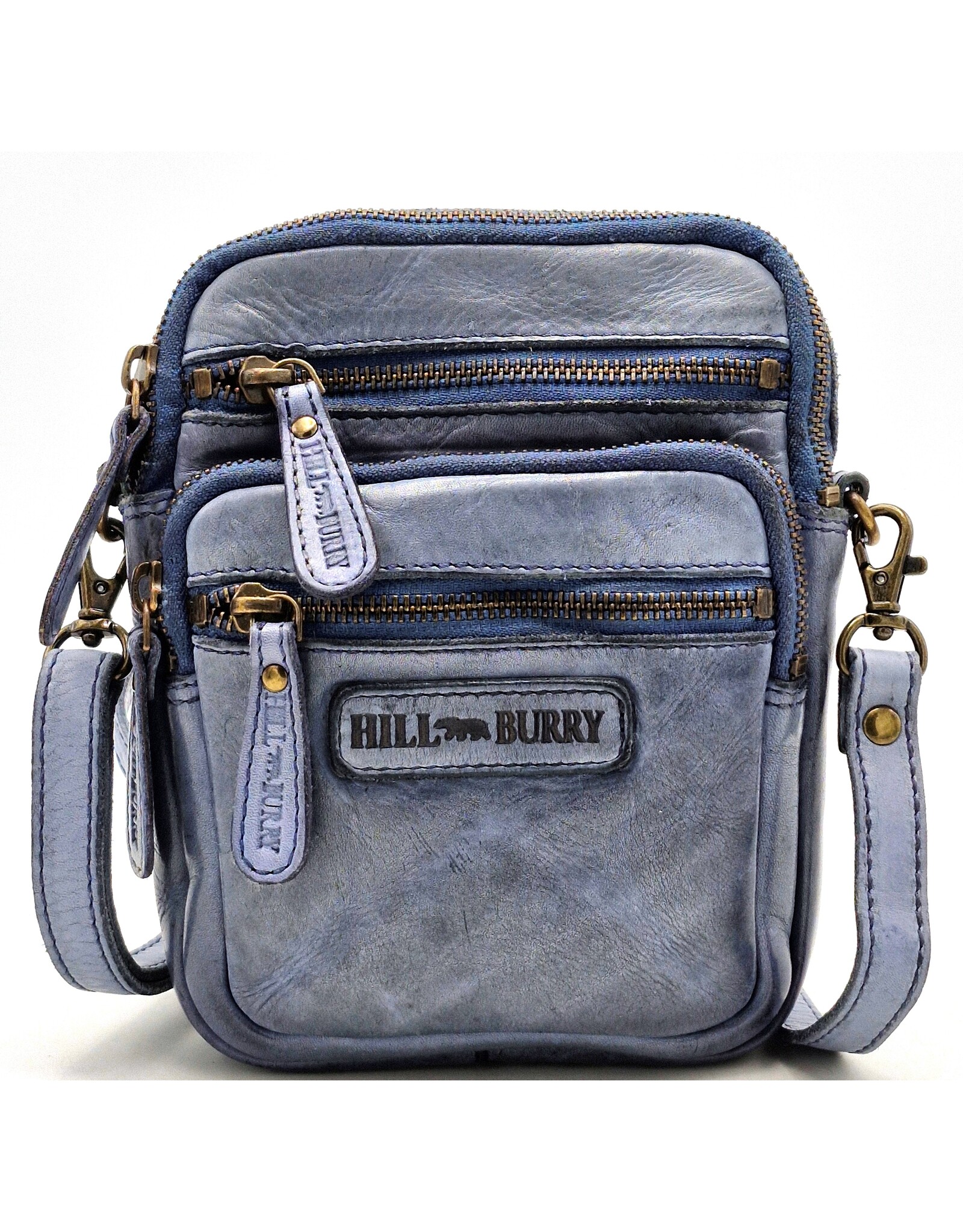 HillBurry Leren Schoudertassen Leren crossbody tassen - Hillburry Leren Schoudertas met Ritsvakjes blauwgrijs