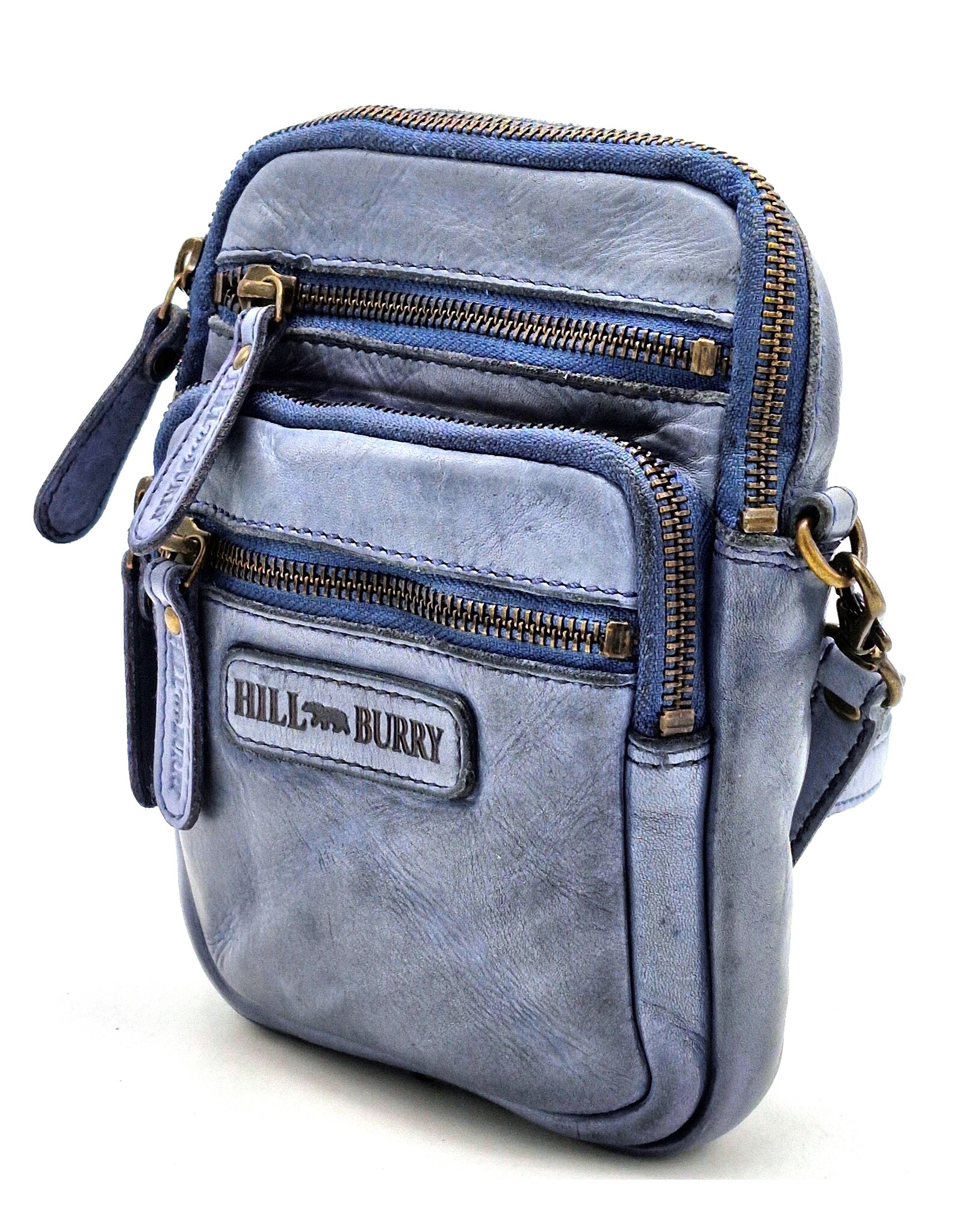 HillBurry Leren Schoudertassen Leren crossbody tassen - Hillburry Leren Schoudertas met Ritsvakjes blauwgrijs