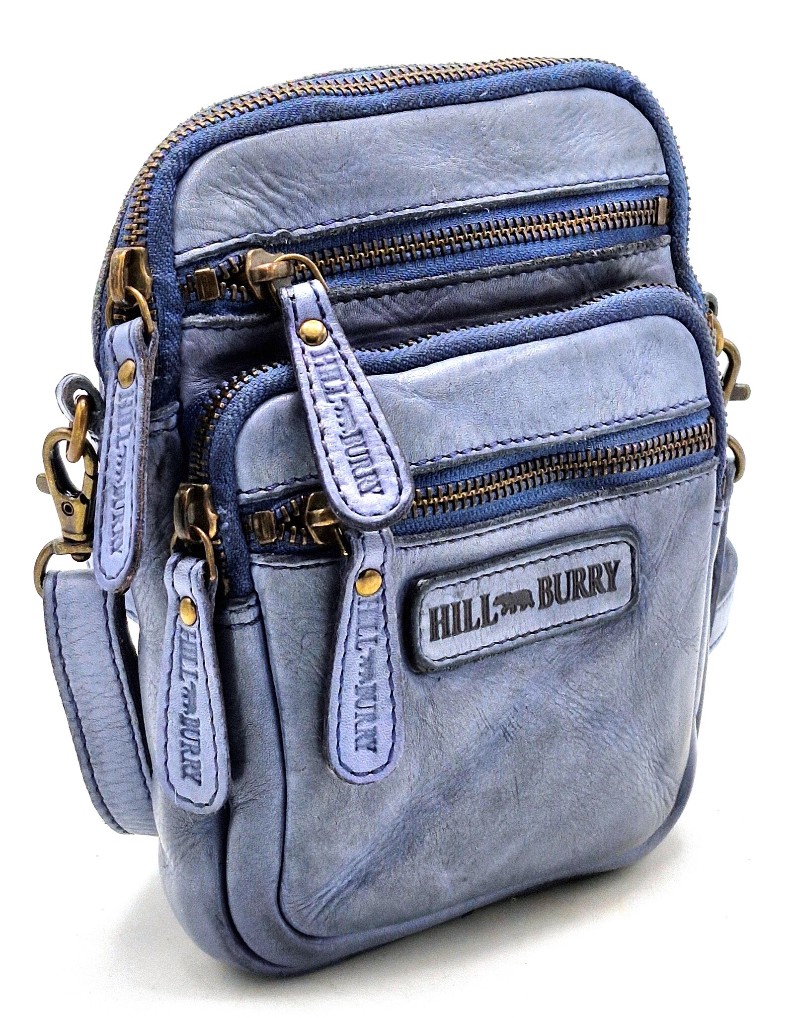 HillBurry Leren Schoudertassen Leren crossbody tassen - Hillburry Leren Schoudertas met Ritsvakjes blauwgrijs