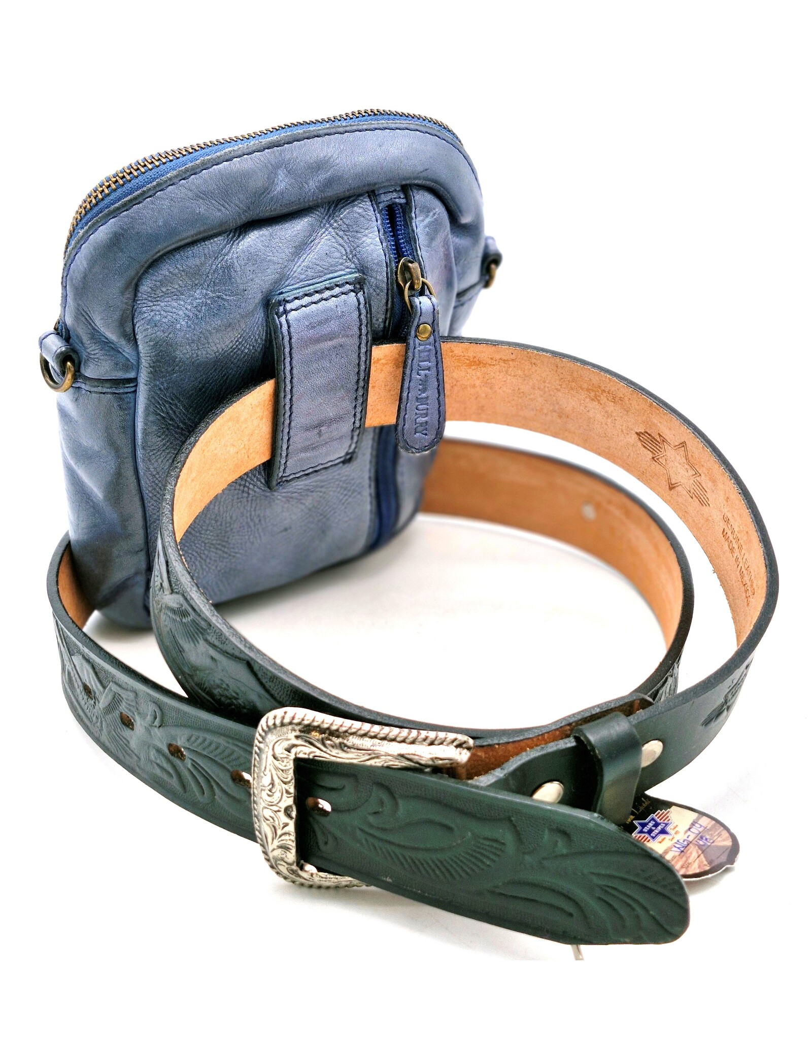 HillBurry Leren Schoudertassen Leren crossbody tassen - Hillburry Leren Schoudertas met Ritsvakjes blauwgrijs