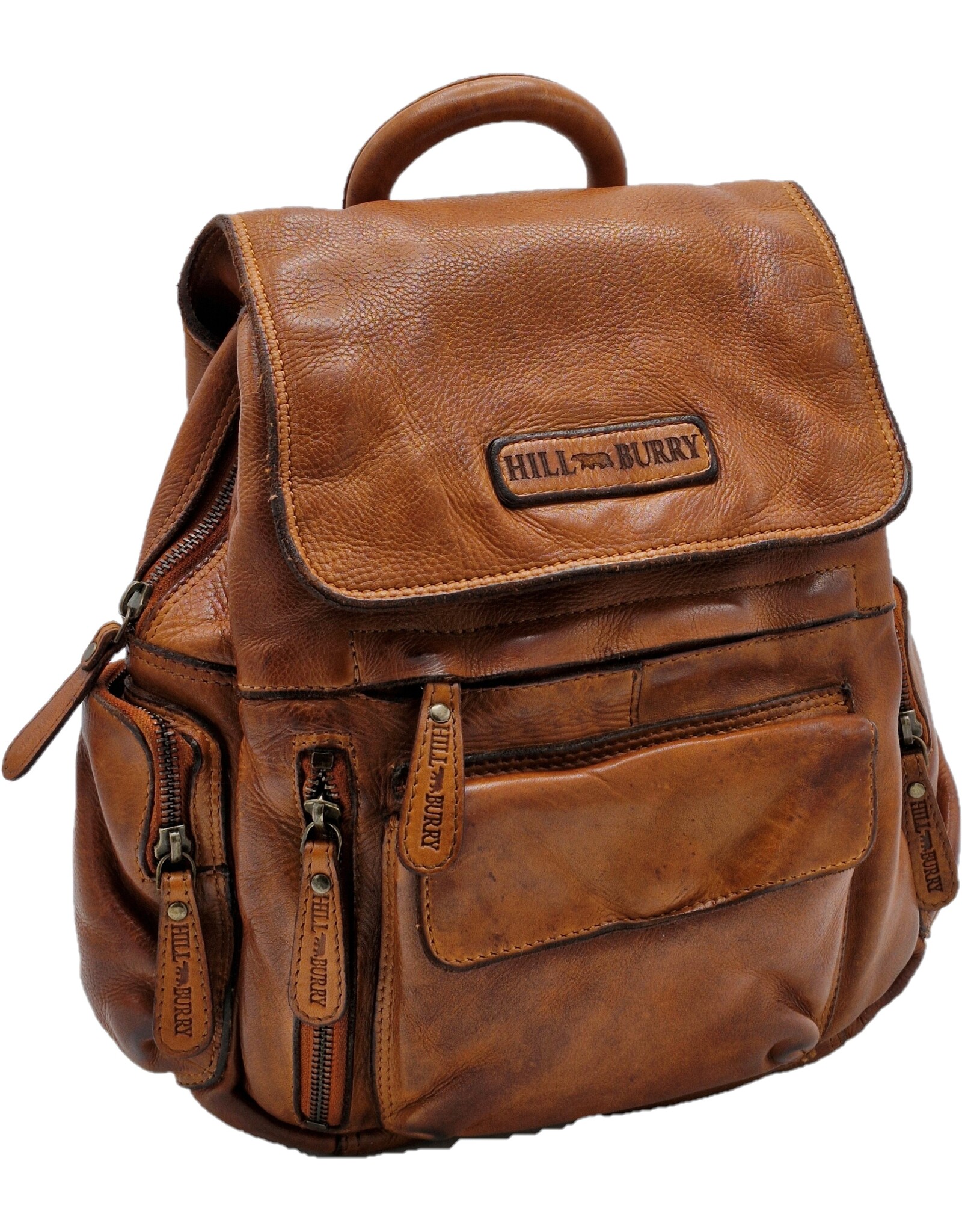 HillBurry Leren rugzakken  Leren shoppers - HillBurry Rugzak met Veel Vakjes Gewassen Leer cognac