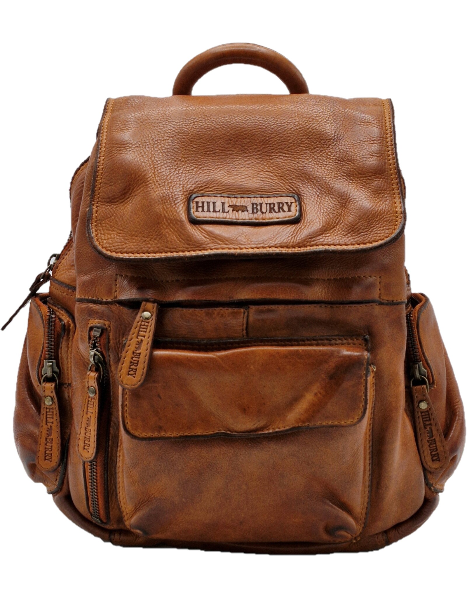 HillBurry Leather backpacks Leather shoppers - HillBurry Backpack with Many Pockets Washed Leather cognac