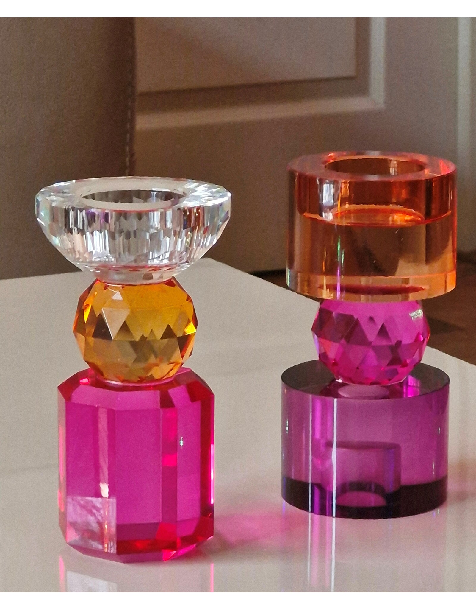 Diga Colmore Giftware & Lifestyle - Candle holder Crystal Glass Purple-fuchsia-amber 14.5cm