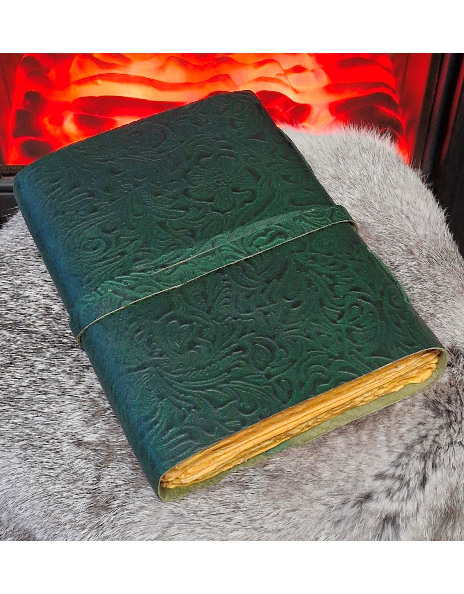 JM Miscellaneous - Green Leather Journal Embossed Flowers & Key Handmade Vintage