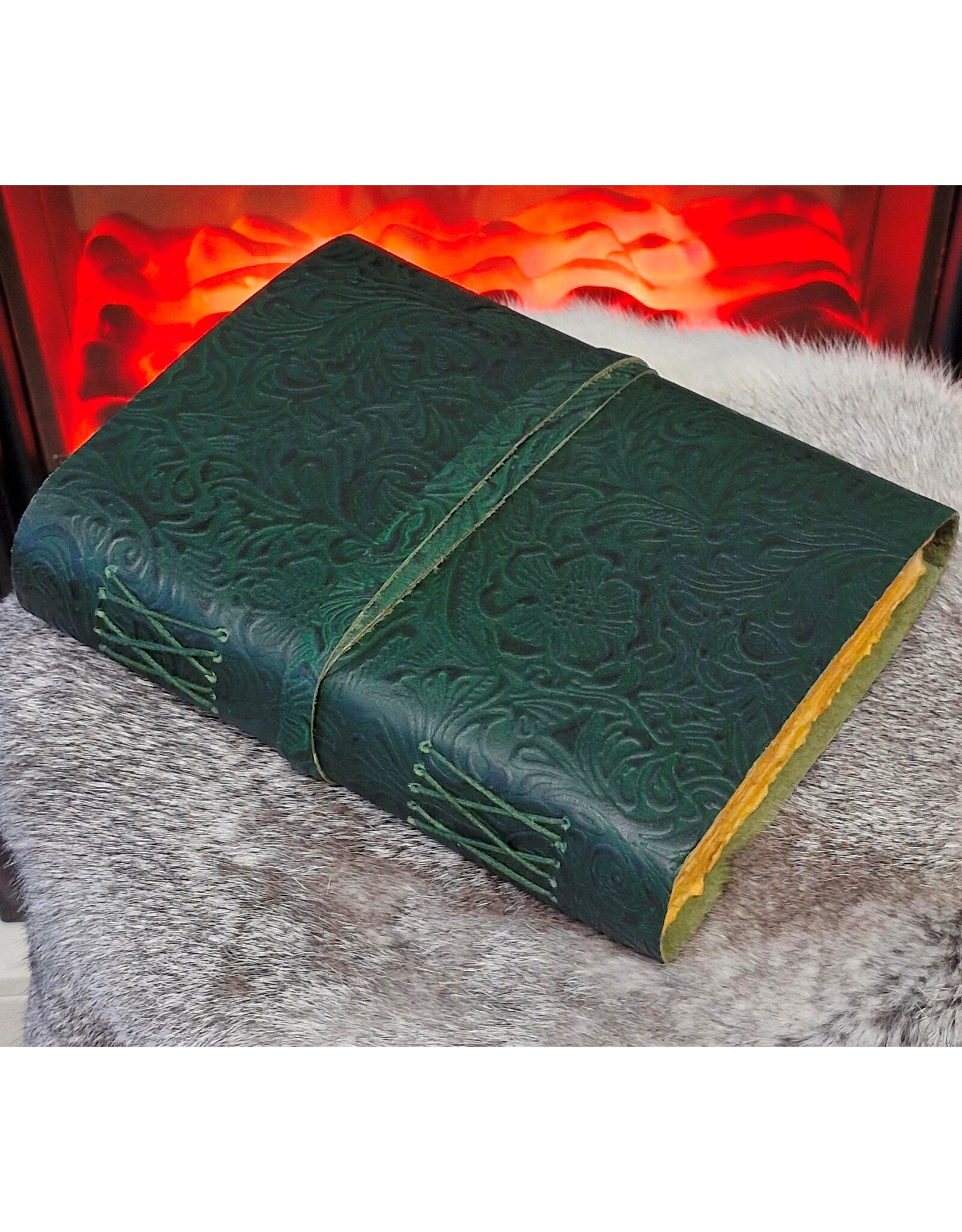 JM Miscellaneous - Green Leather Journal Embossed Flowers & Key Handmade Vintage