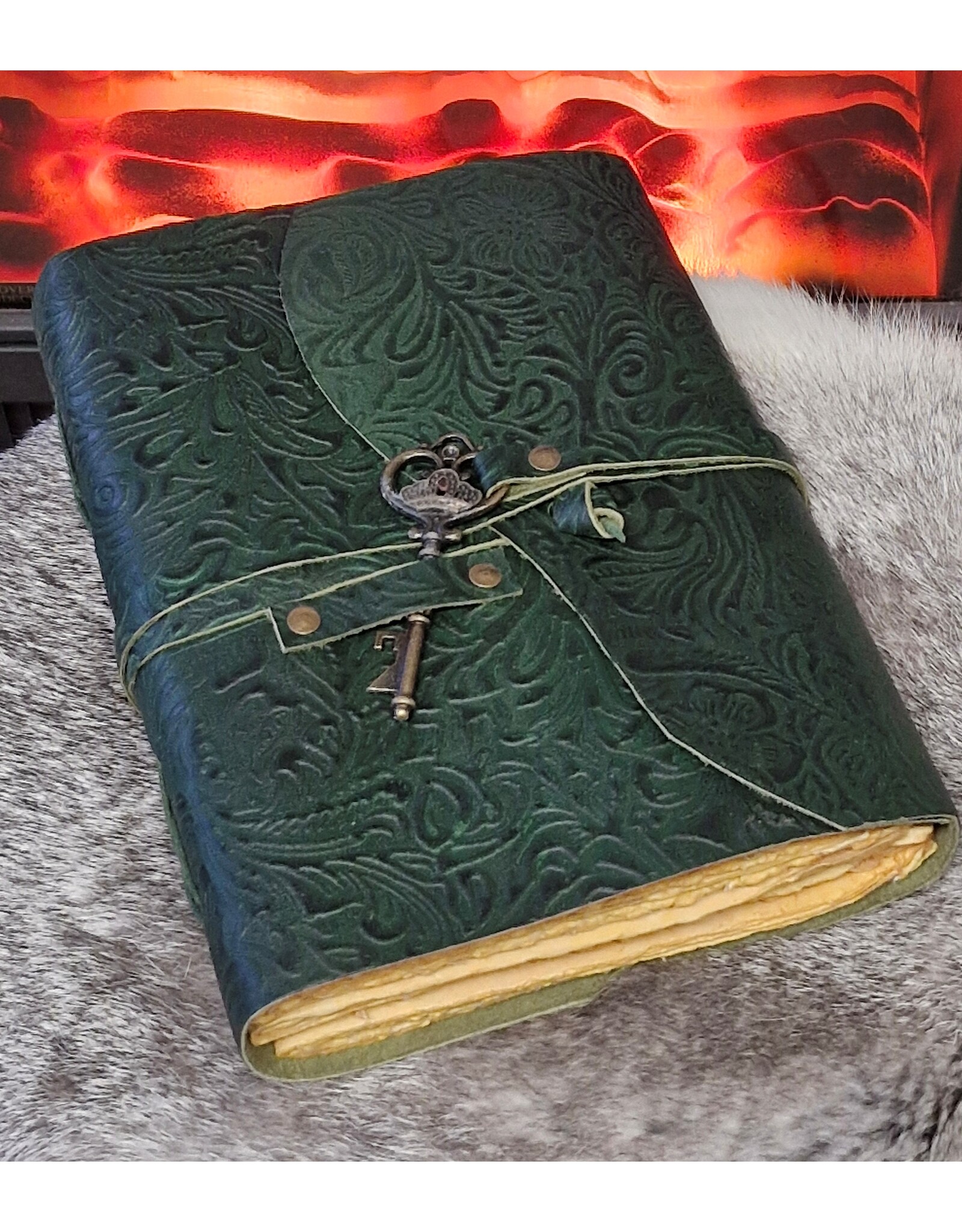 JM Miscellaneous - Green Leather Journal Embossed Flowers & Key Handmade Vintage
