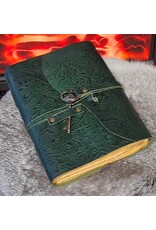 JM Miscellaneous - Green Leather Journal Embossed Flowers & Key Handmade Vintage