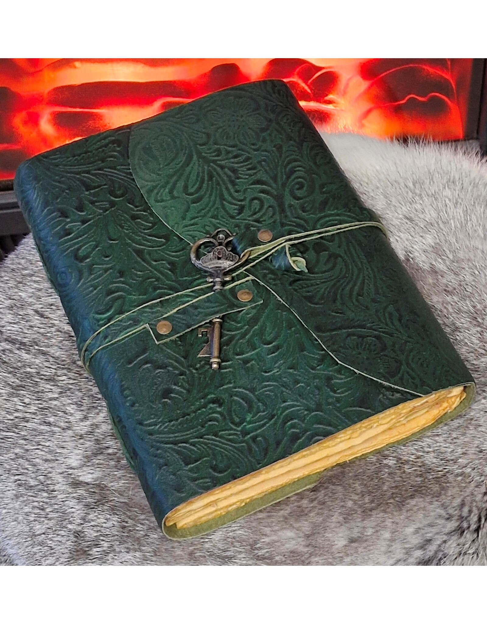 JM Miscellaneous - Green Leather Journal Embossed Flowers & Key Handmade Vintage