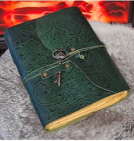 JM Green Leather Journal Embossed Flowers & Key Handmade Vintage