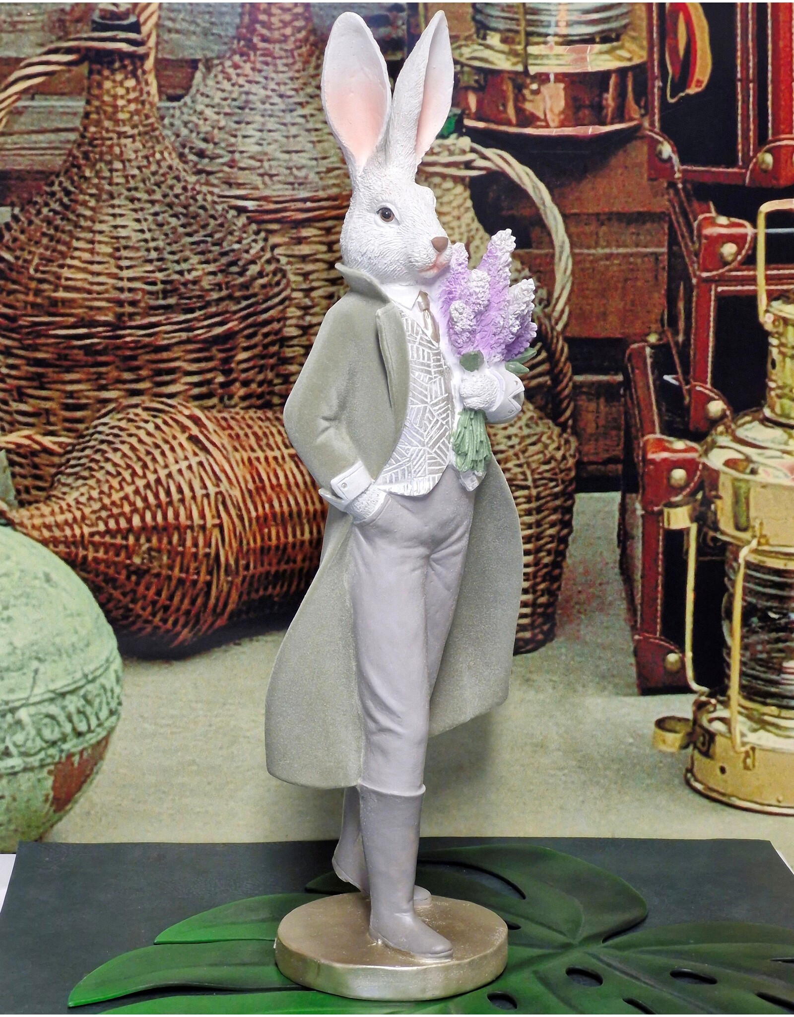 C&E Giftware Figurines Collectables - Rabbit in Long Coat with Flowers Figurine 53cm