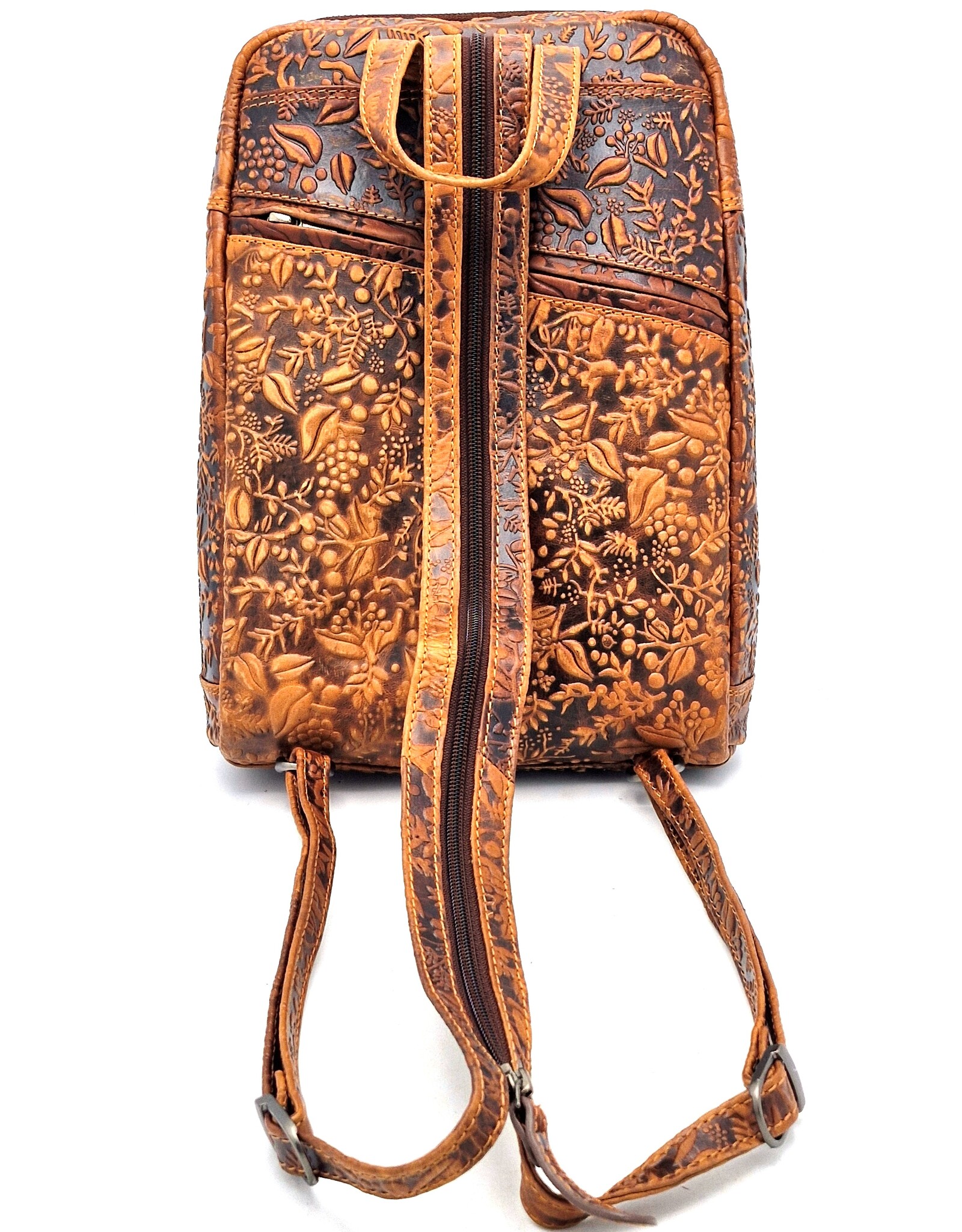 HillBurry Leren rugzakken  Leren shoppers - Hillburry Rugtas met Relief Bloemen bruin