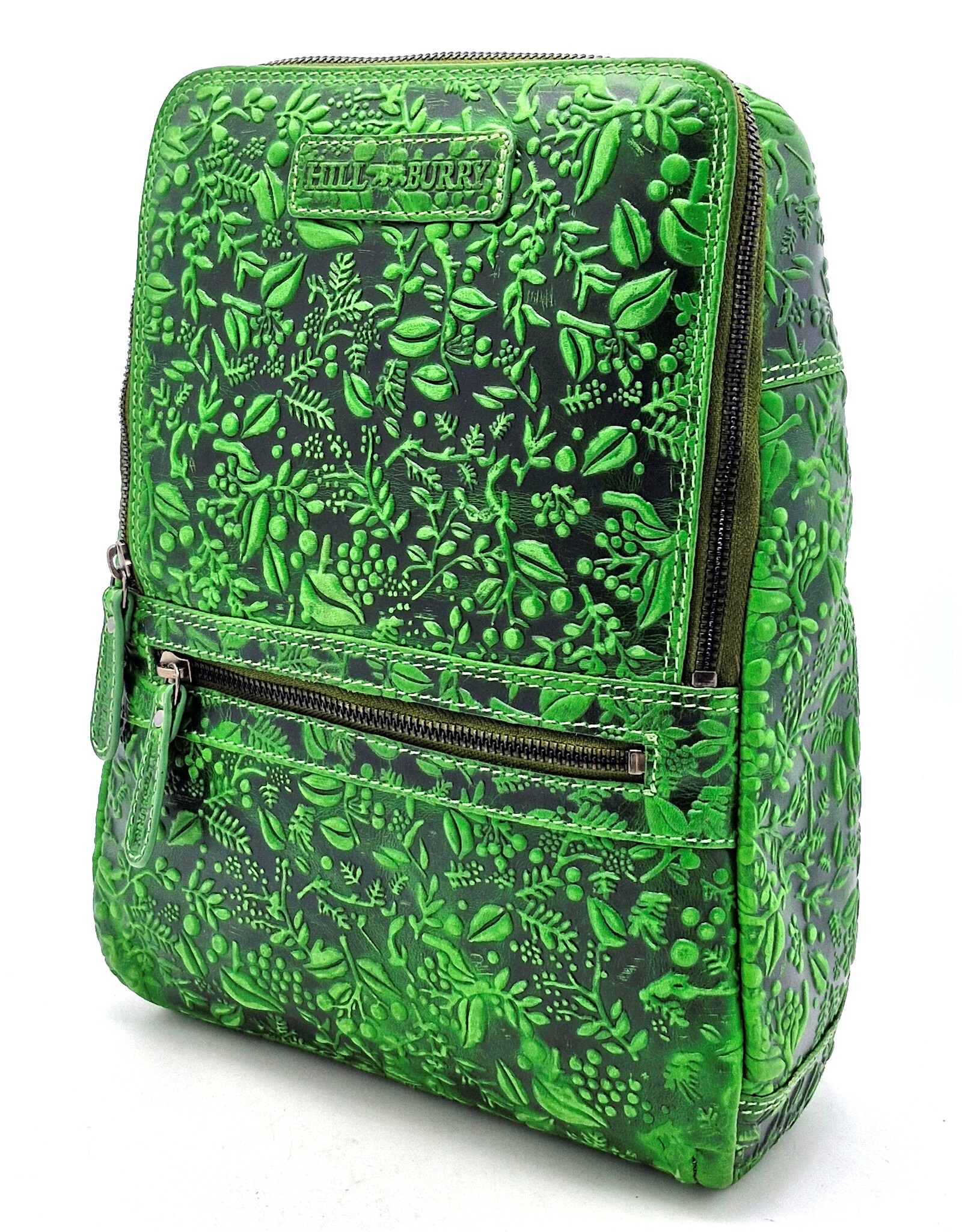 HillBurry Leren rugzakken  Leren shoppers - Hillburry Rugtas met Relief Bloemen groen